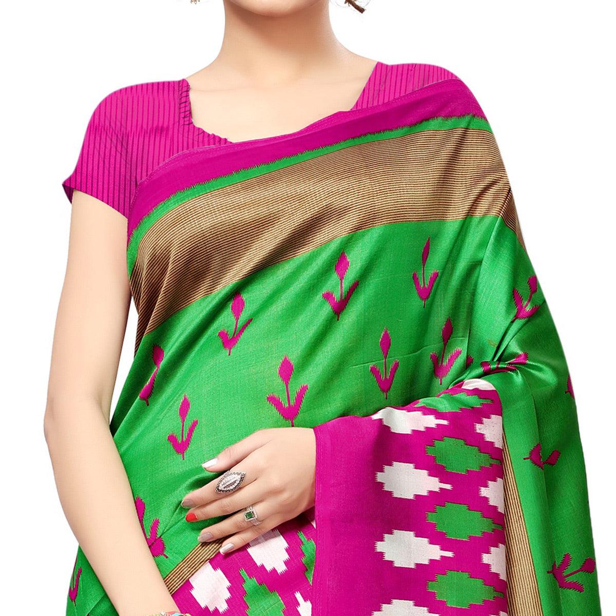 Green Printed Art Silk Saree - Peachmode