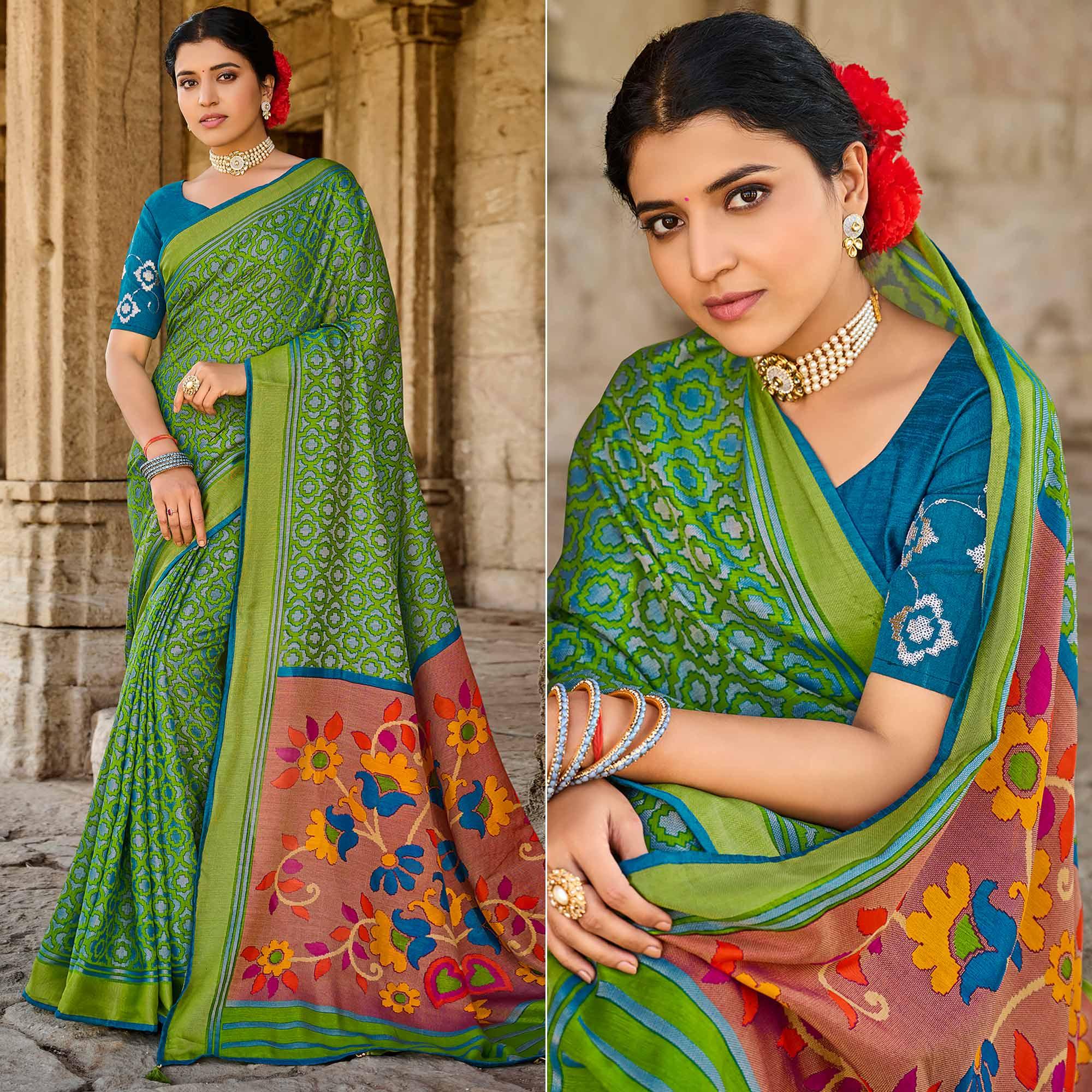 Green Printed Art Silk Saree With Tassels - Peachmode
