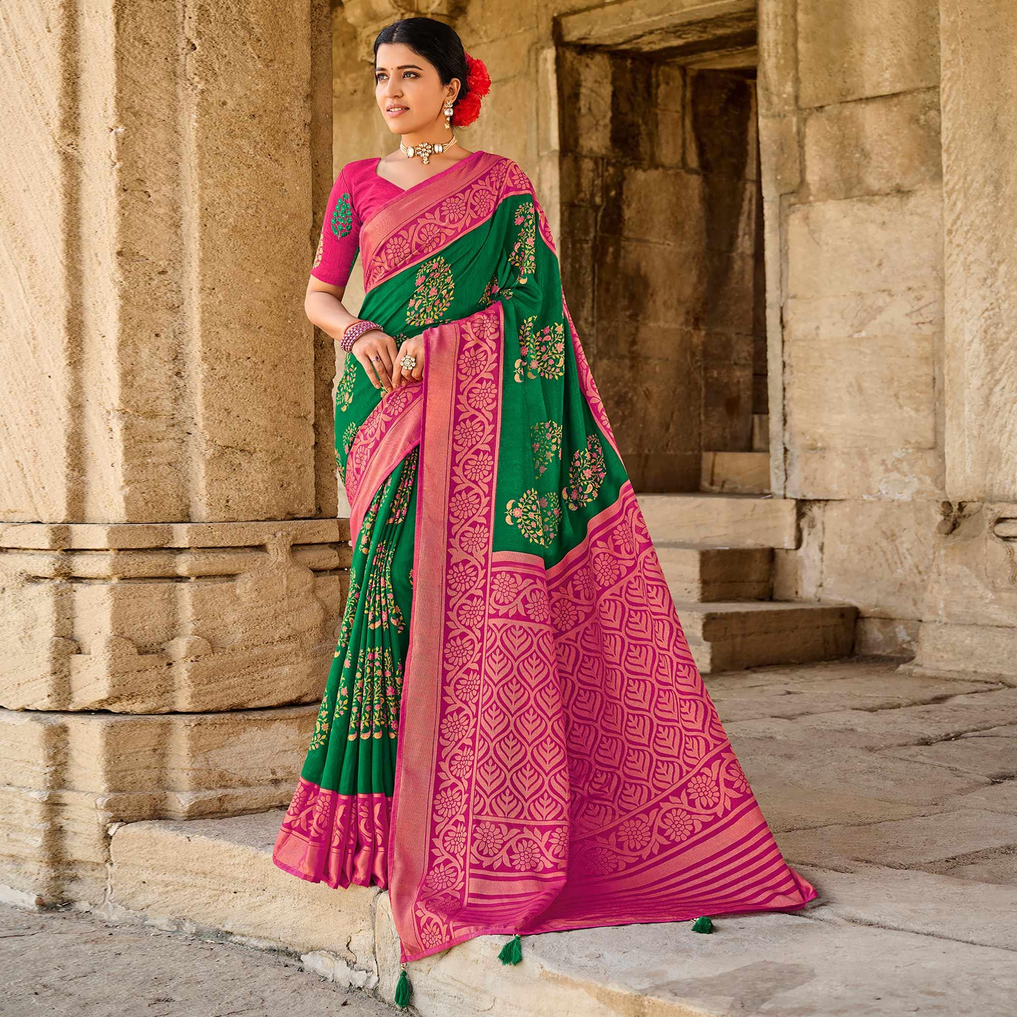 Green Printed Art Silk Saree With Tassels - Peachmode
