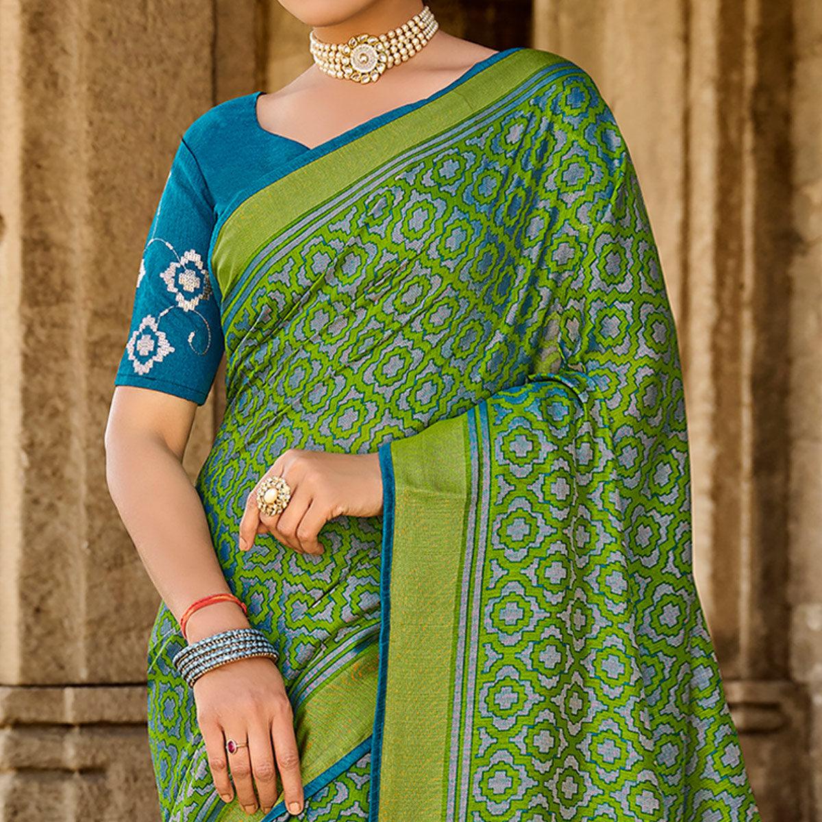Green Printed Art Silk Saree With Tassels - Peachmode