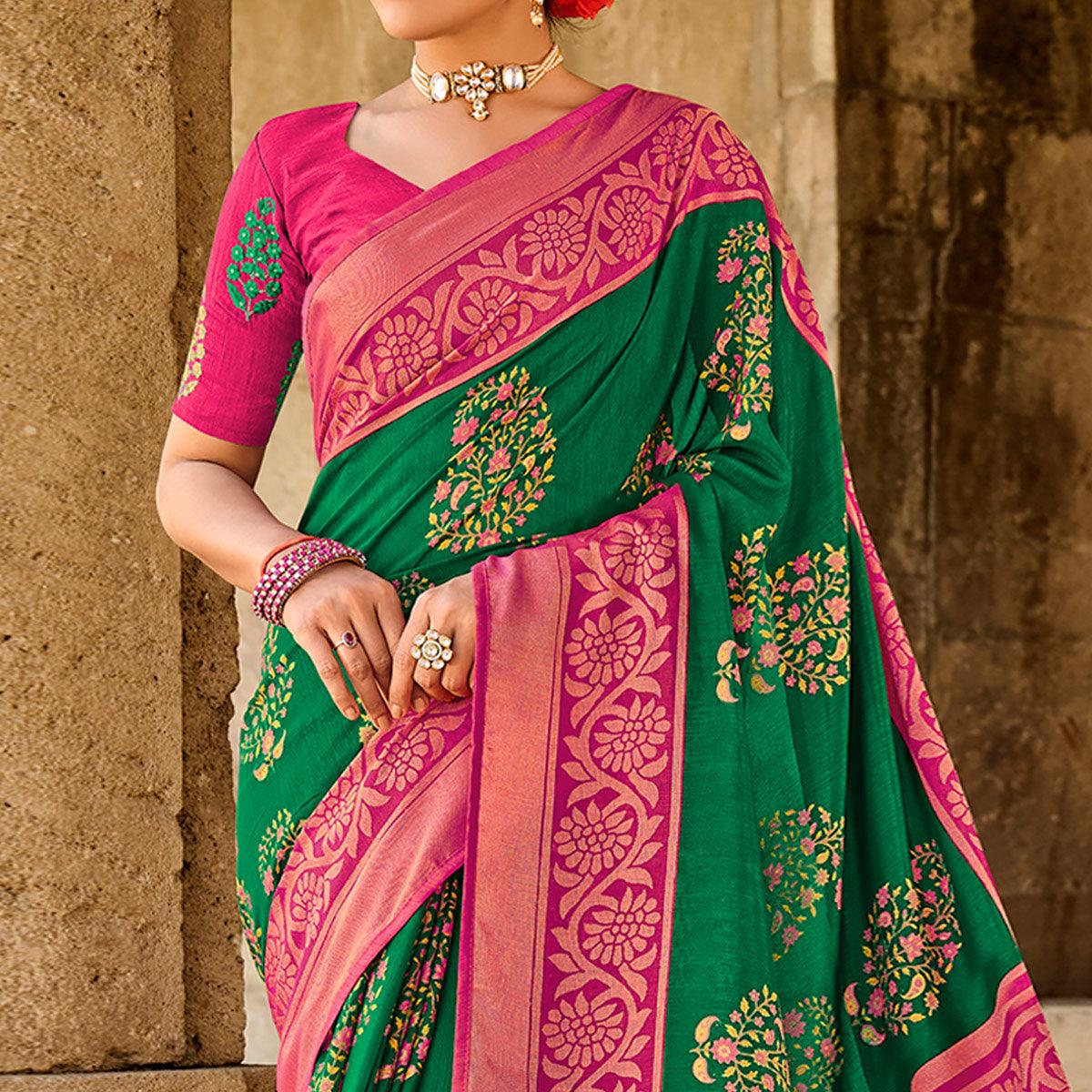 Green Printed Art Silk Saree With Tassels - Peachmode