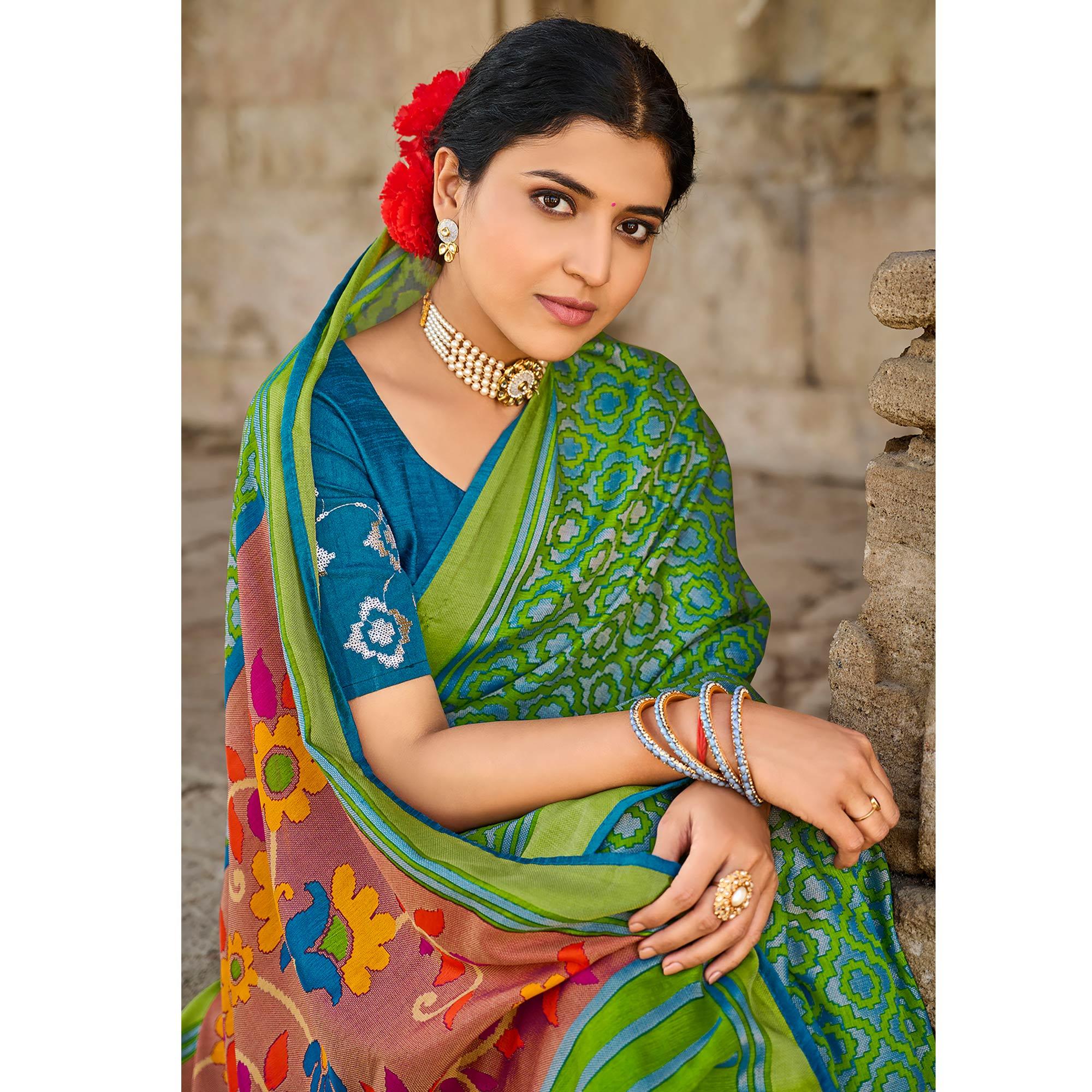 Green Printed Art Silk Saree With Tassels - Peachmode