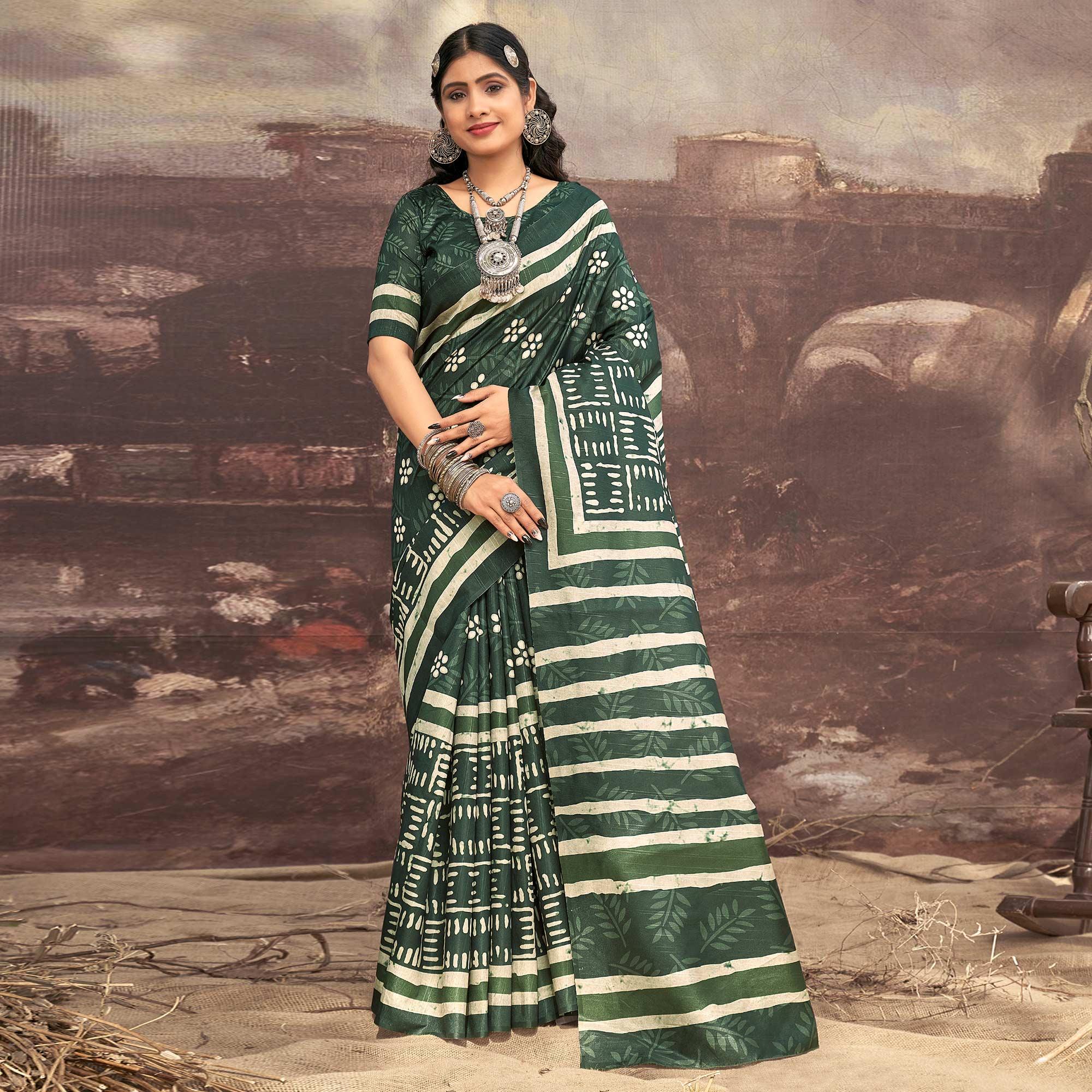 Green Printed Bhagalpuri Silk Saree - Peachmode