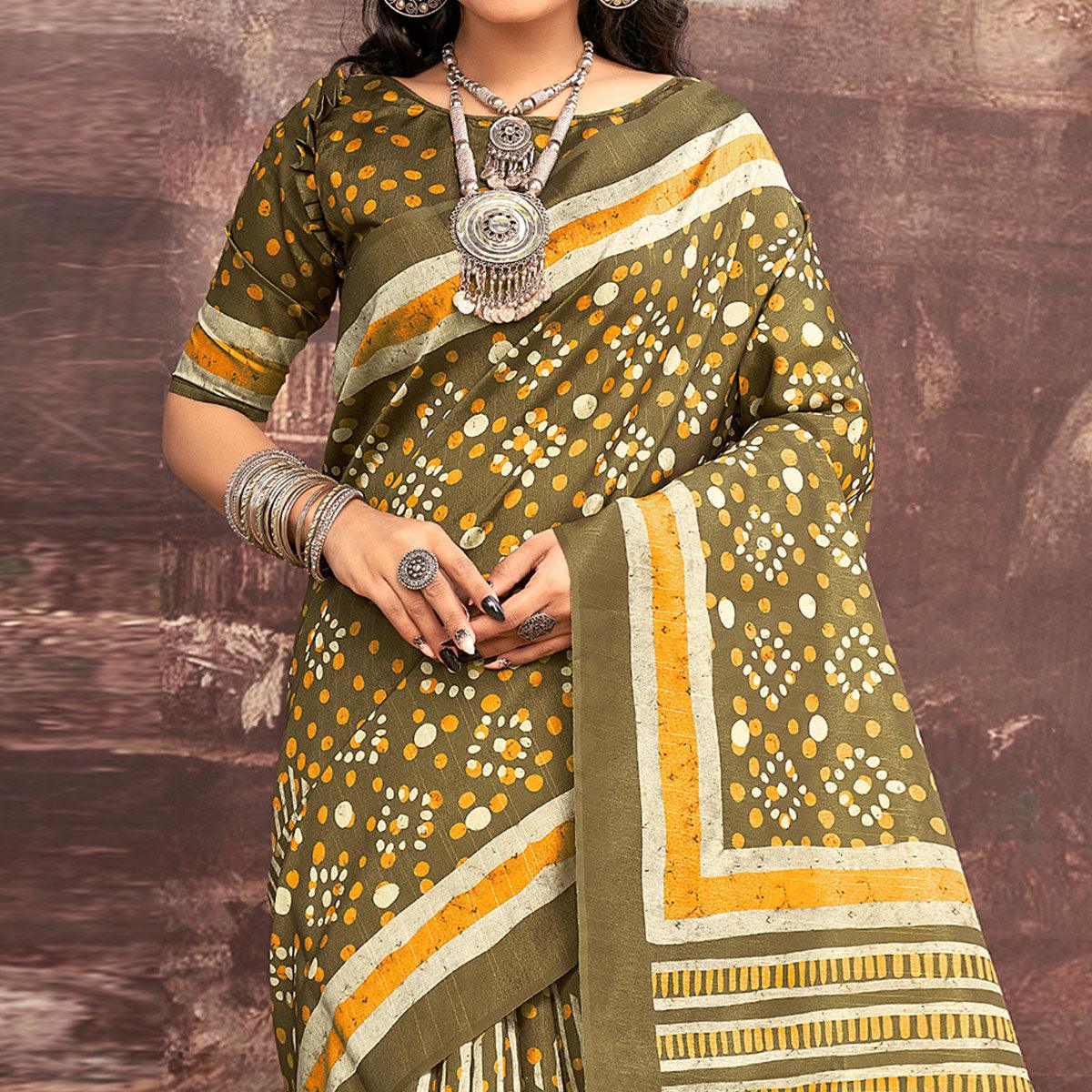 Green Printed Bhagalpuri Silk Saree - Peachmode