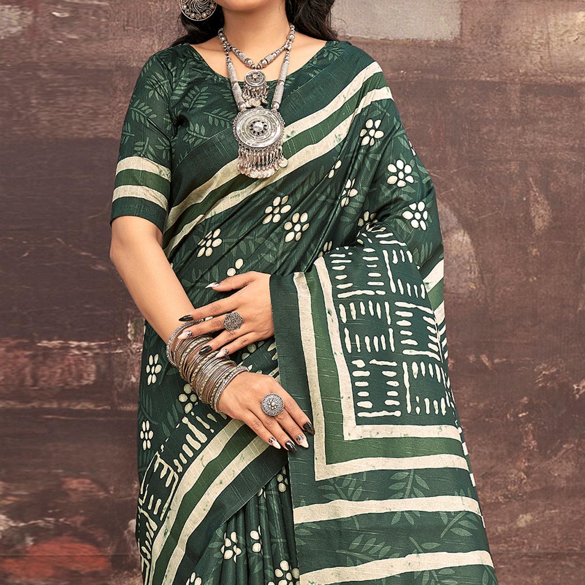Green Printed Bhagalpuri Silk Saree - Peachmode