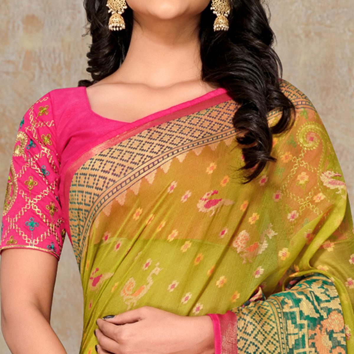 Green Printed Brasso Saree - Peachmode