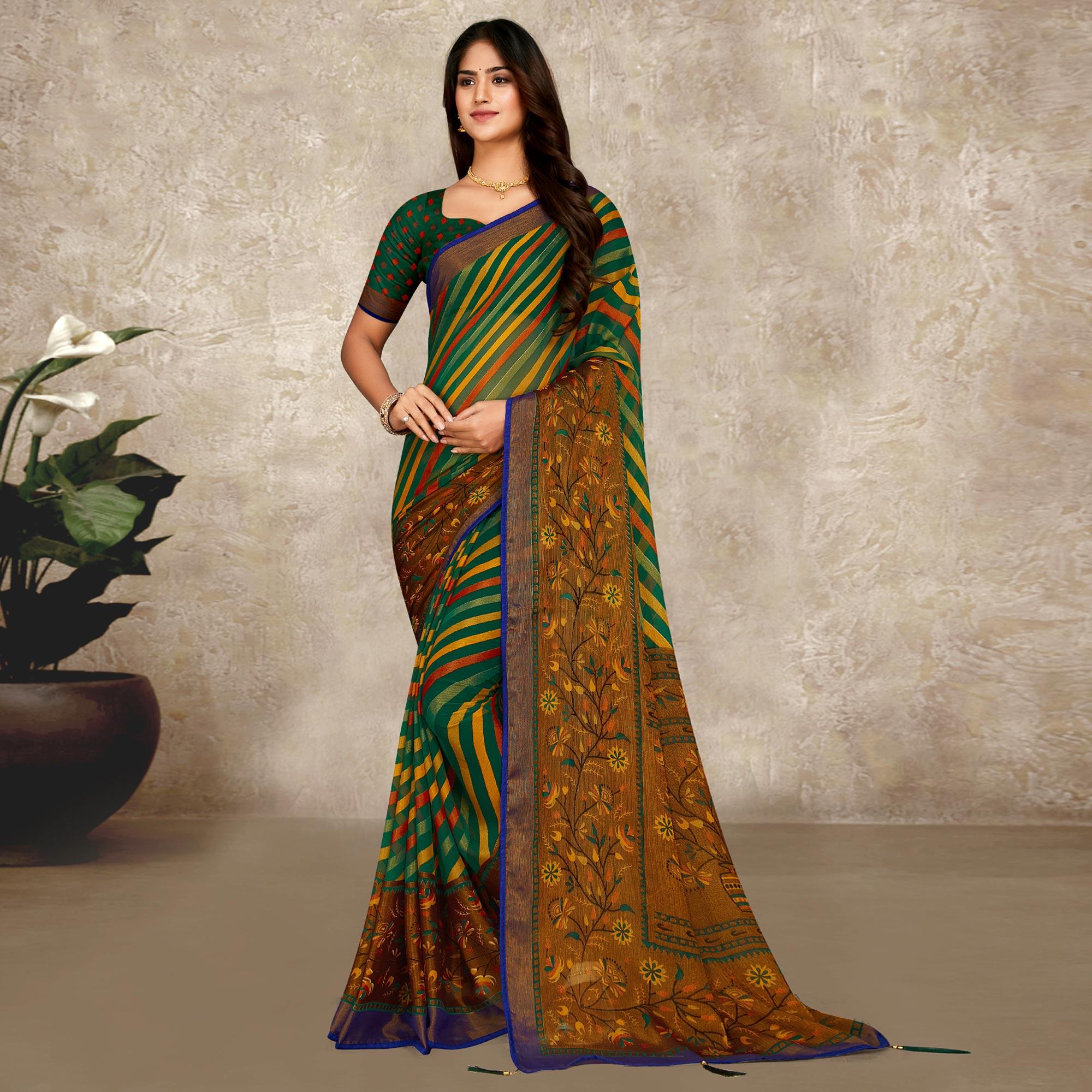 Green Printed Brasso Saree With Tassels - Peachmode