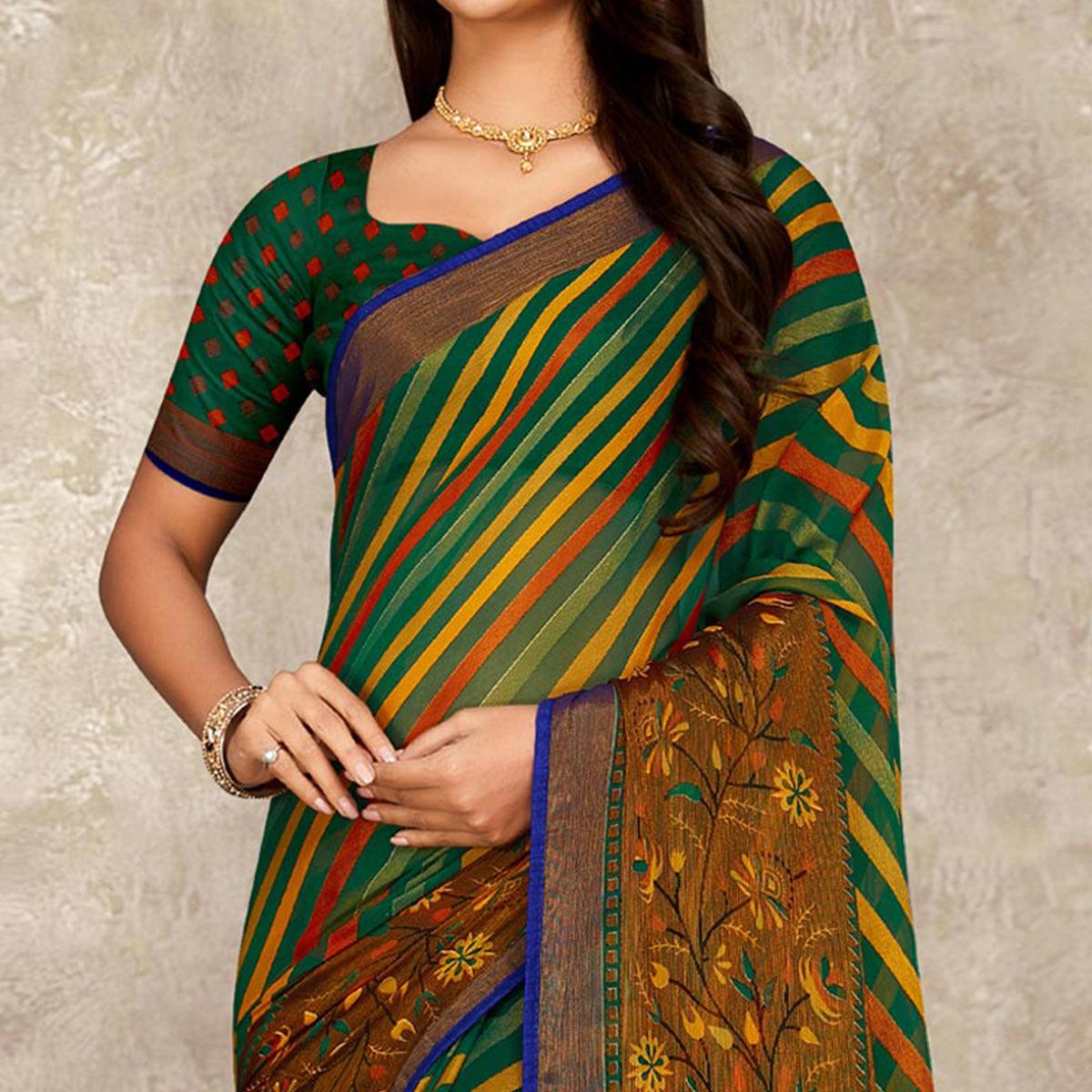 Green Printed Brasso Saree With Tassels - Peachmode