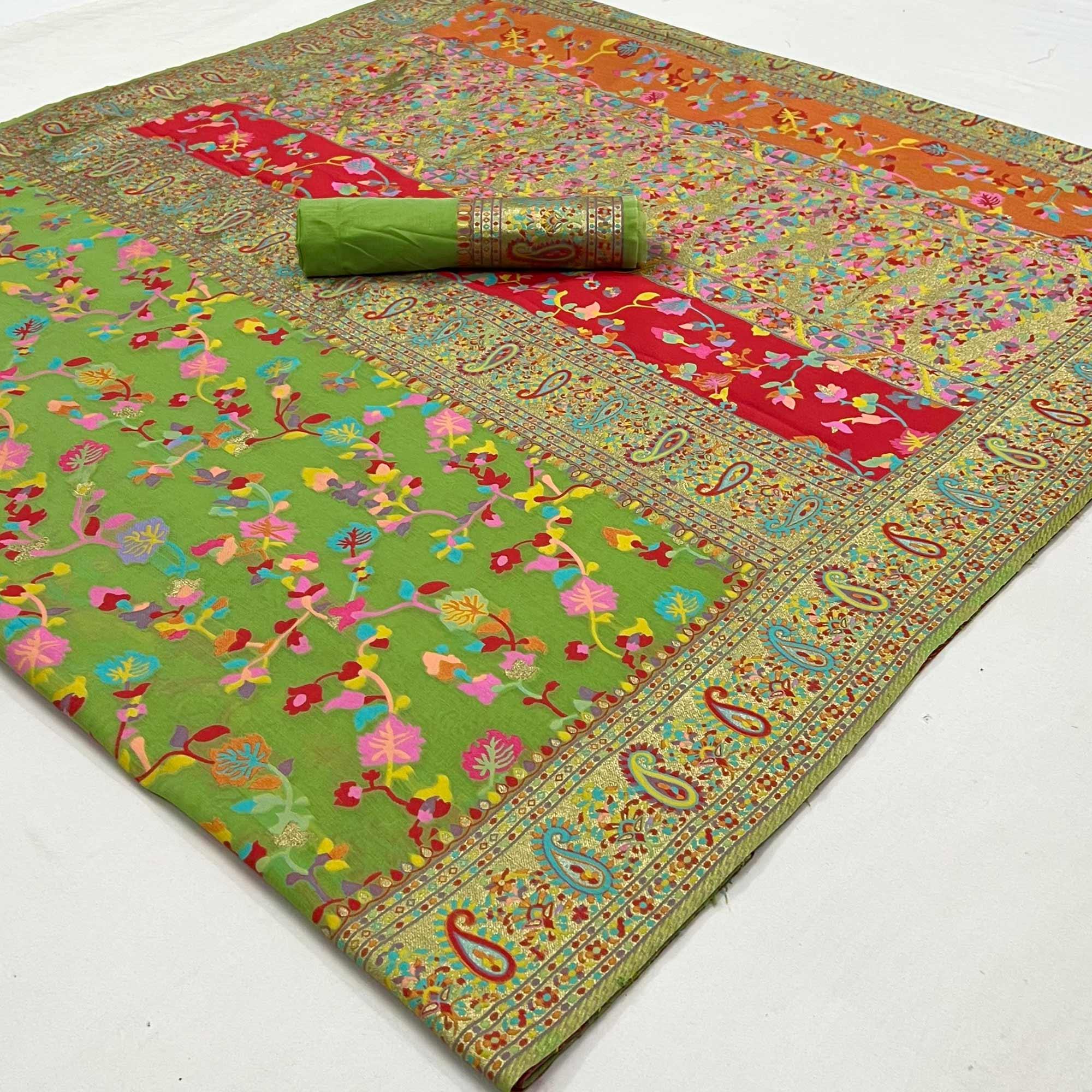 Green Printed Chanderi Saree - Peachmode