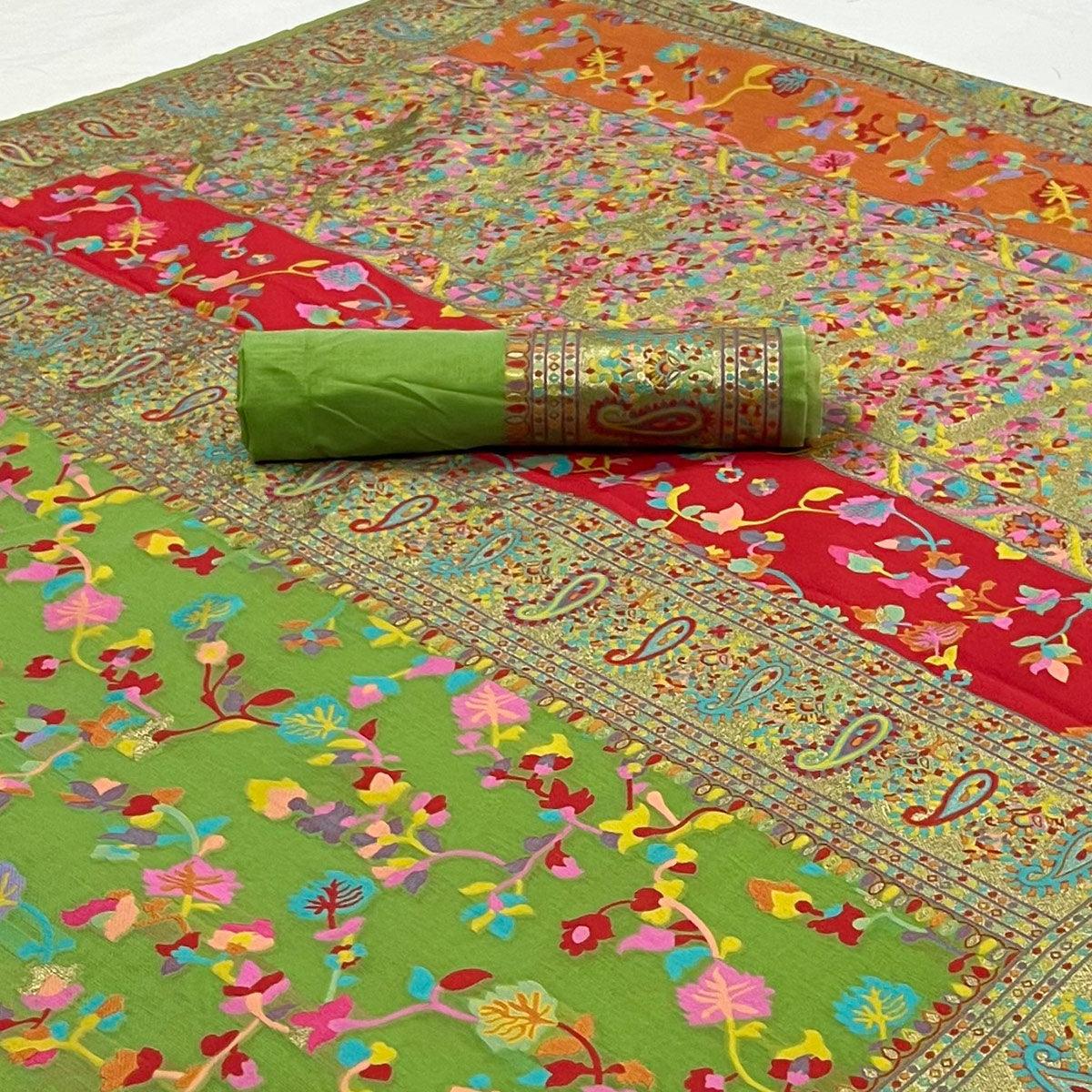 Green Printed Chanderi Saree - Peachmode