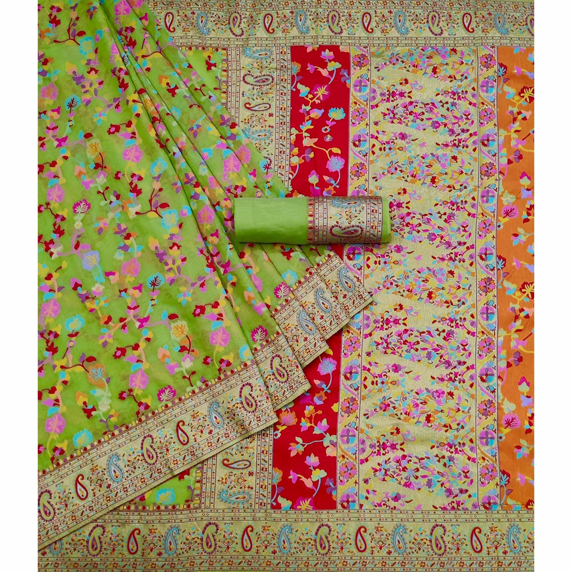 Green Printed Chanderi Saree - Peachmode