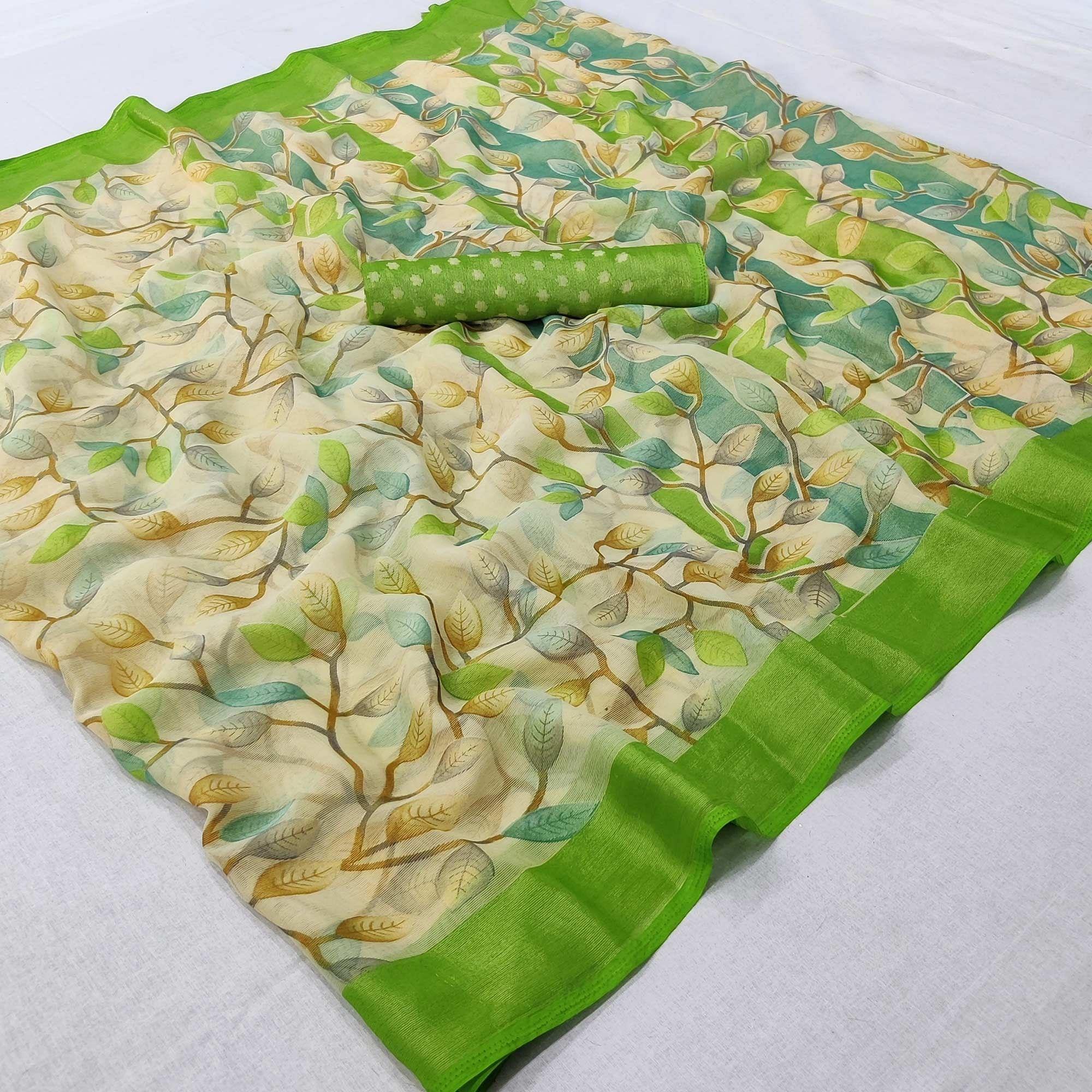 Green Printed Chiffon Saree - Peachmode