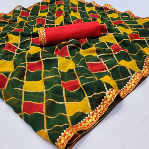 Green Printed Chiffon Saree - Peachmode