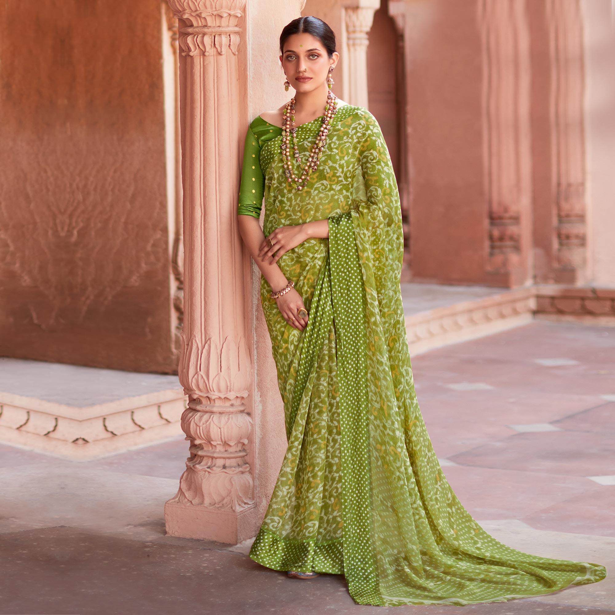 Green Printed Chiffon Saree - Peachmode