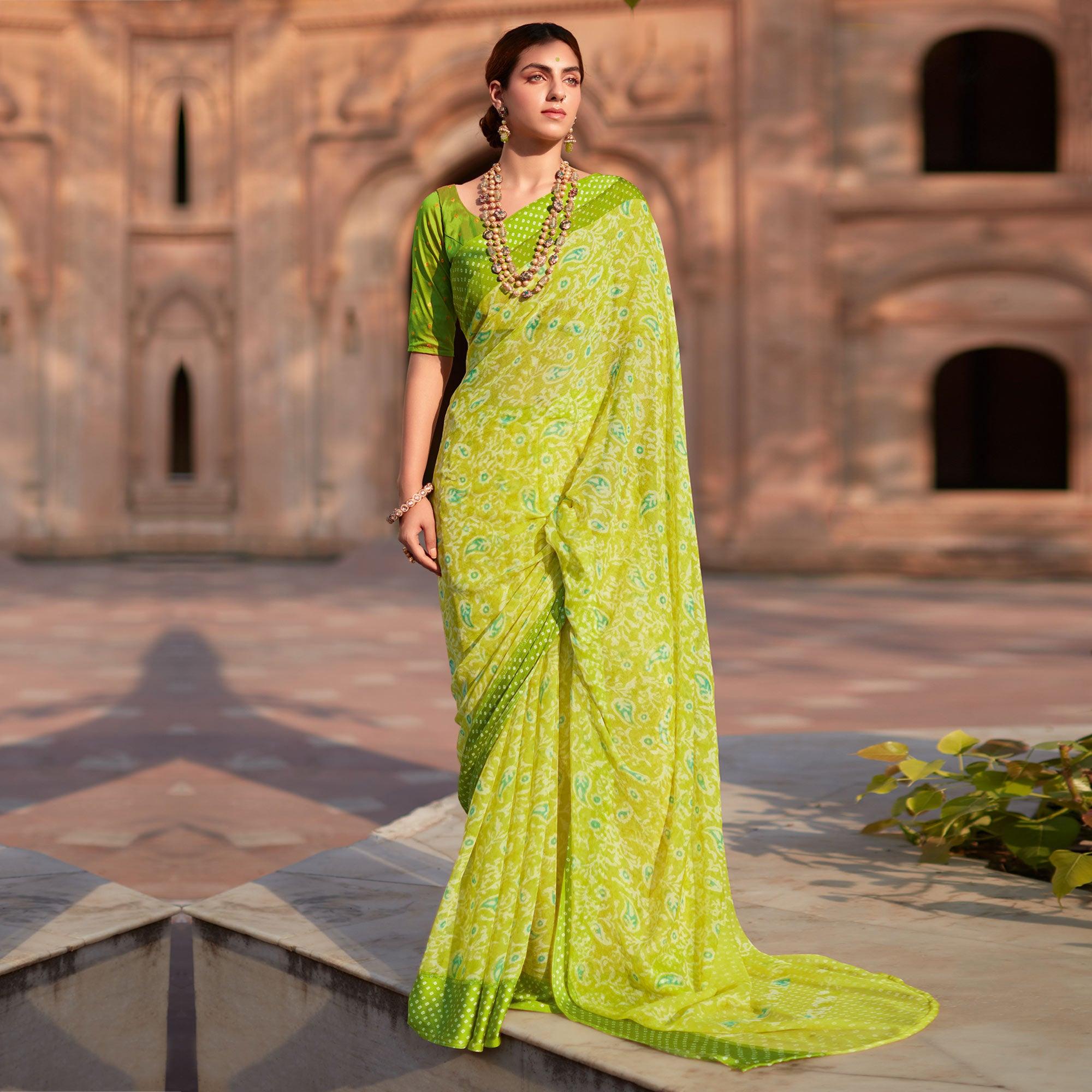 Green Printed Chiffon Saree - Peachmode