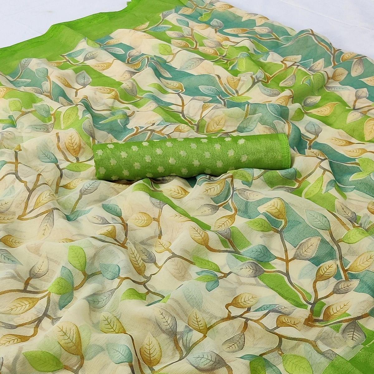 Green Printed Chiffon Saree - Peachmode