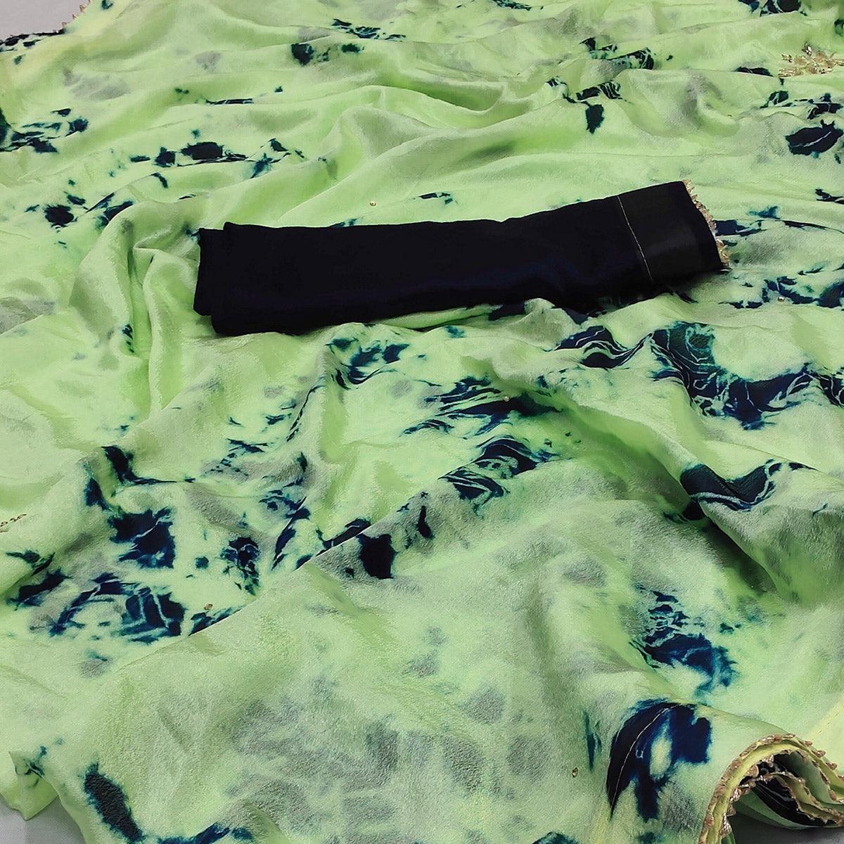 Green Printed Chiffon Saree - Peachmode