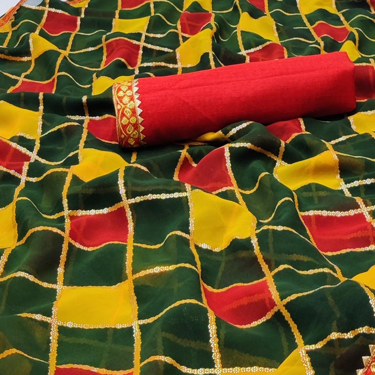 Green Printed Chiffon Saree - Peachmode