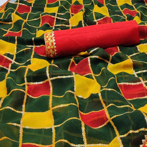 Green Printed Chiffon Saree - Peachmode