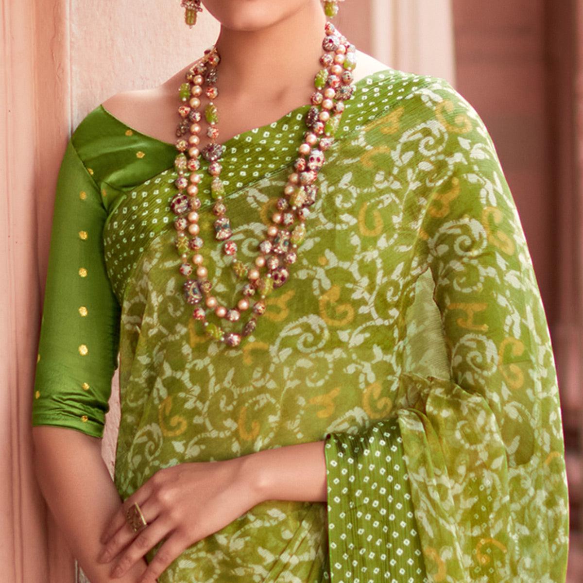 Green Printed Chiffon Saree - Peachmode