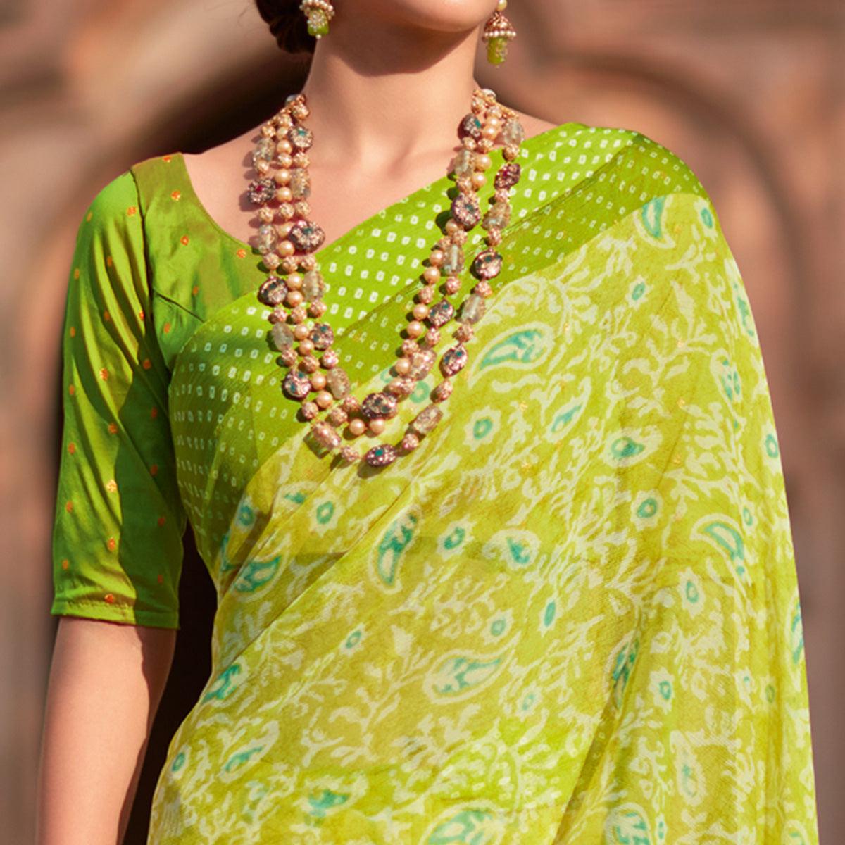 Green Printed Chiffon Saree - Peachmode