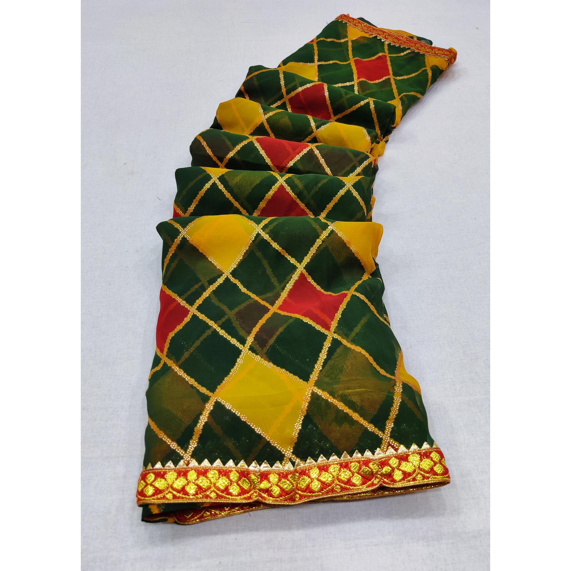 Green Printed Chiffon Saree - Peachmode