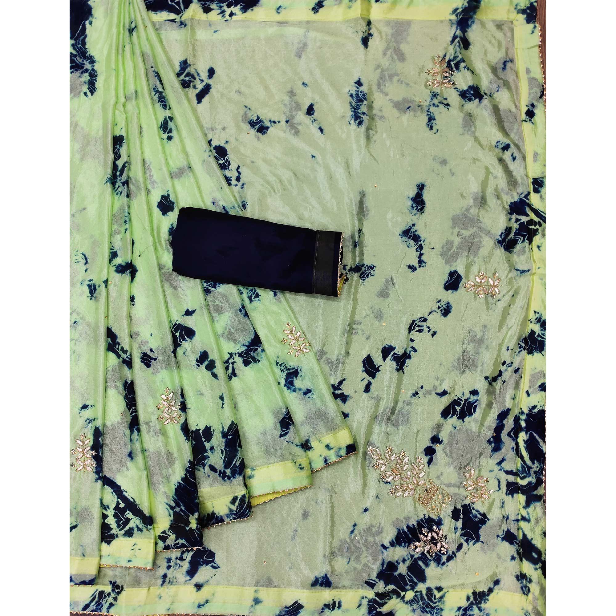 Green Printed Chiffon Saree - Peachmode