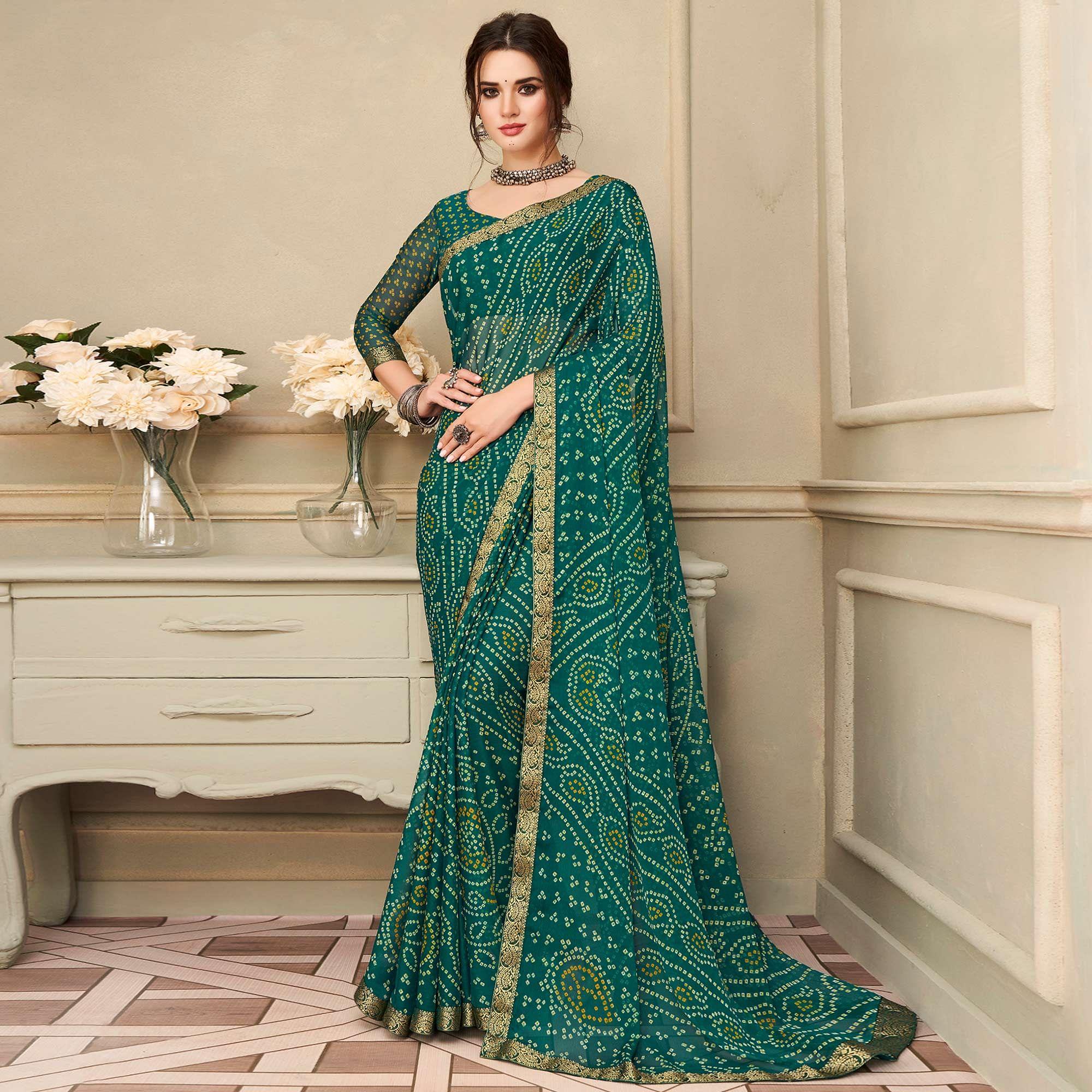Green Printed Chiffon Saree with Banarasi Border - Peachmode