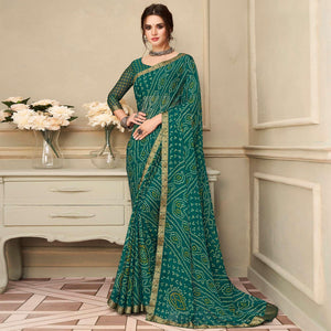 Green Printed Chiffon Saree with Banarasi Border - Peachmode