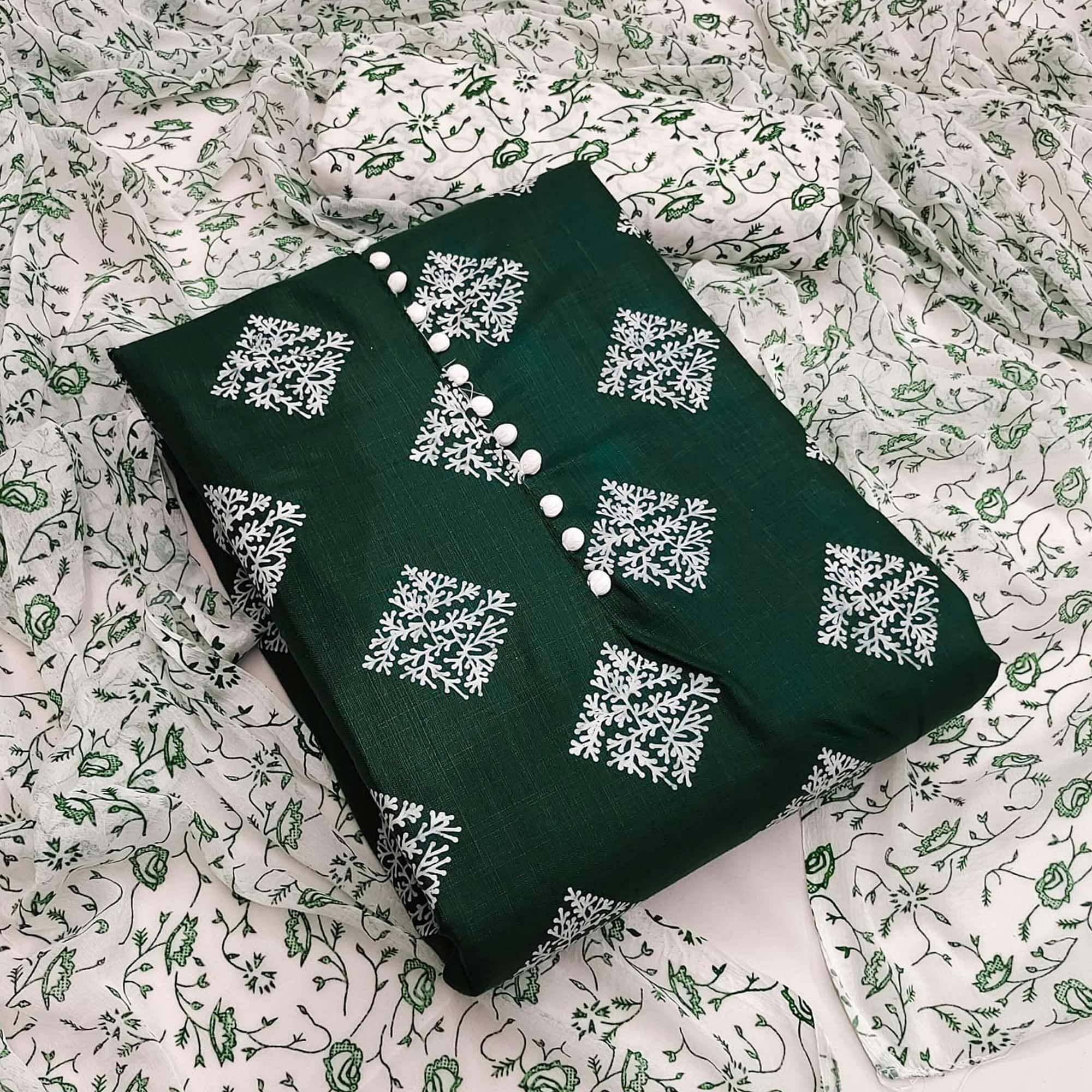Green Printed Cotton Dress Material - Peachmode