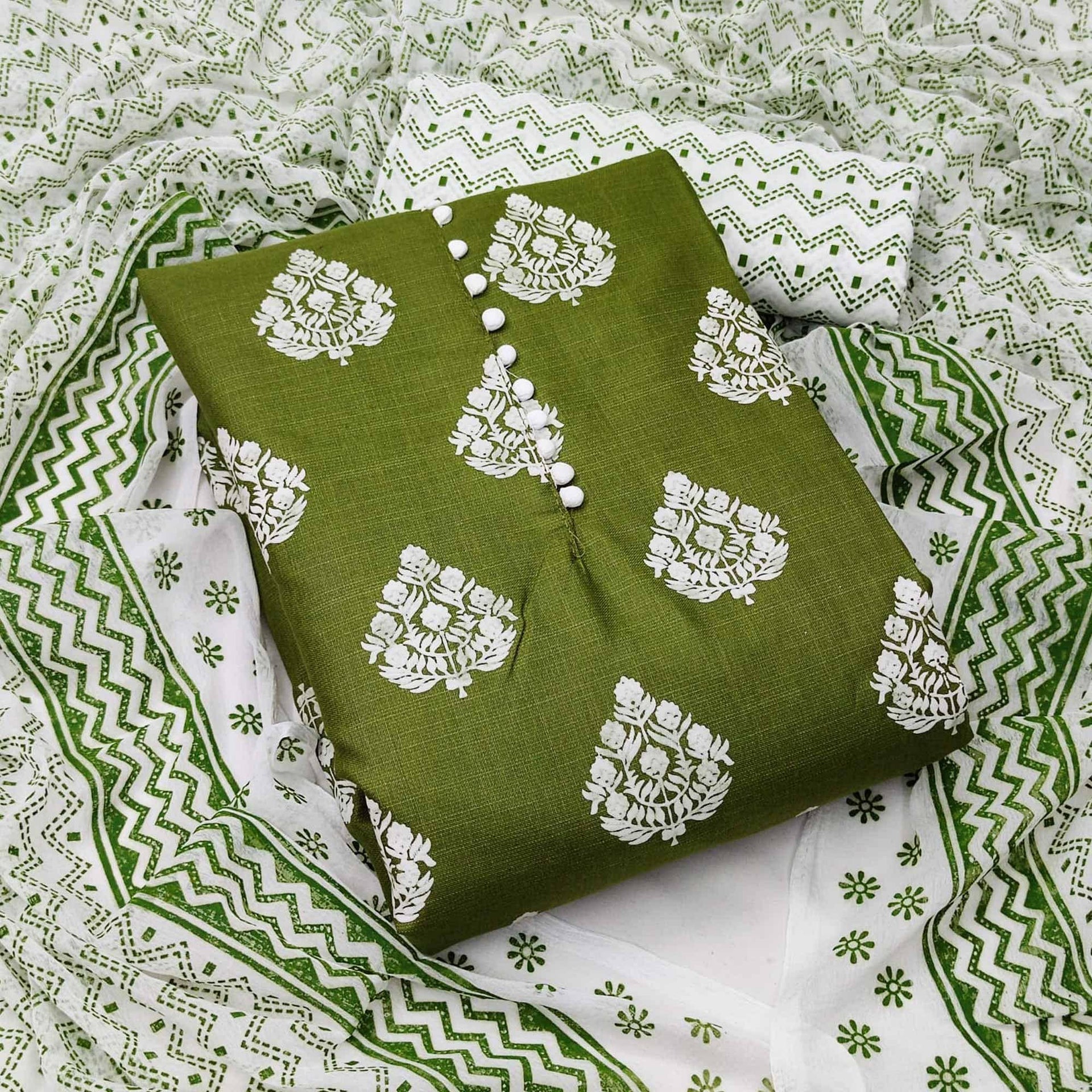 cotton printed dress material Green Printed Cotton Dress Material