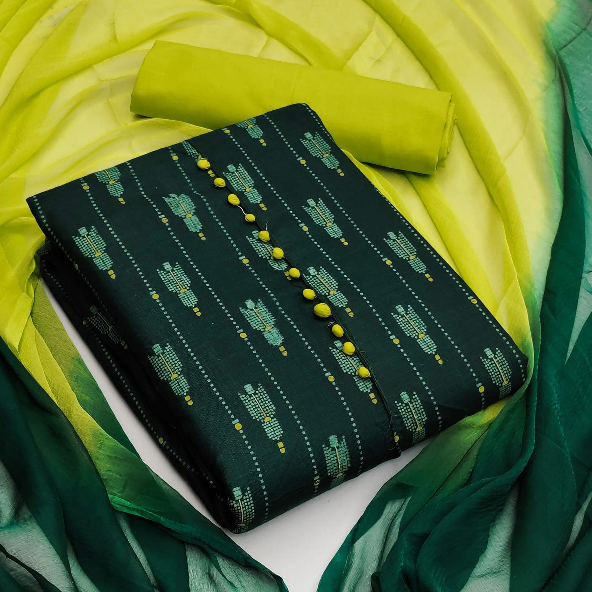 Green Printed Cotton Dress Material - Peachmode