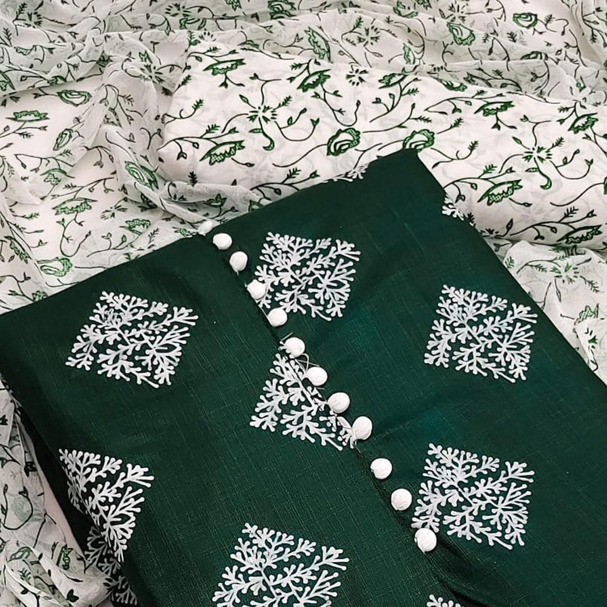 Green Printed Cotton Dress Material - Peachmode