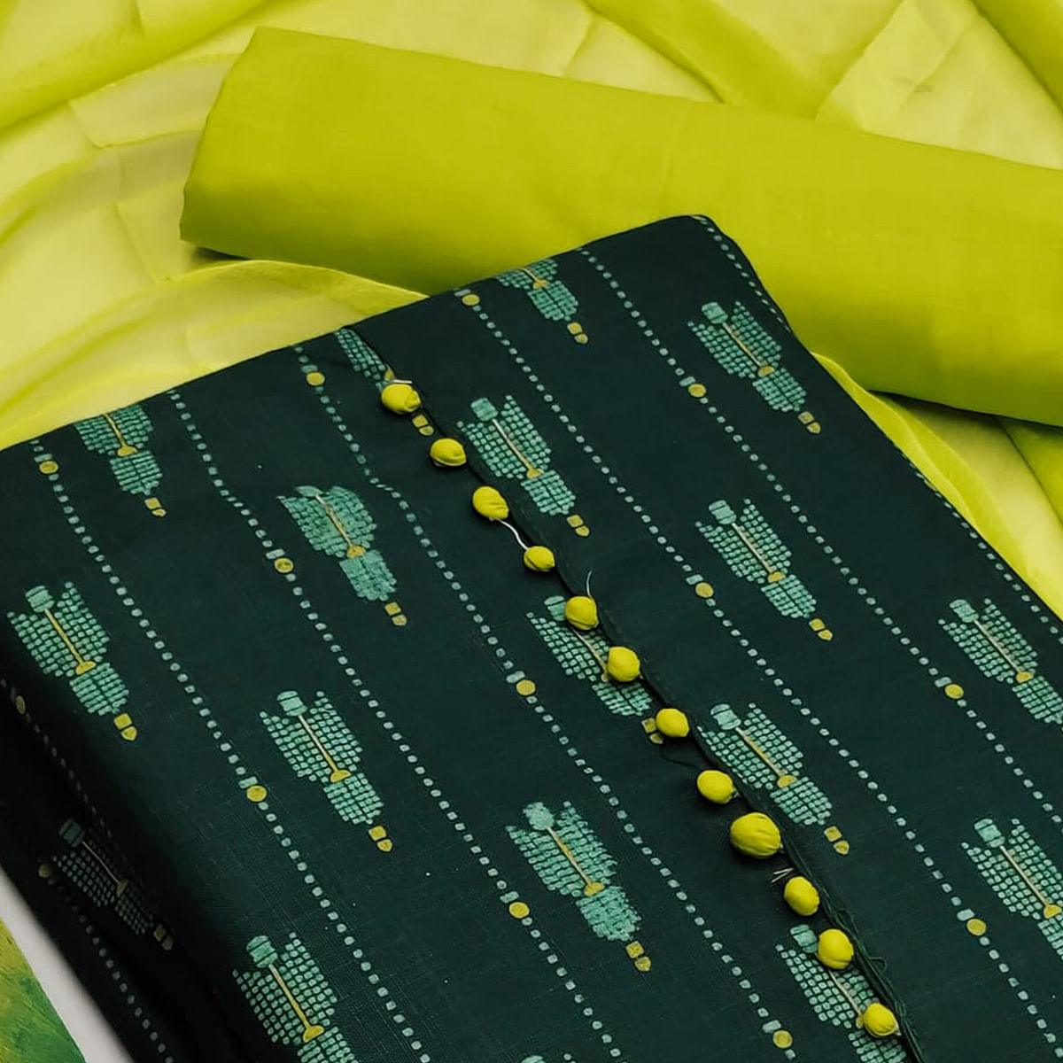 Green Printed Cotton Dress Material - Peachmode