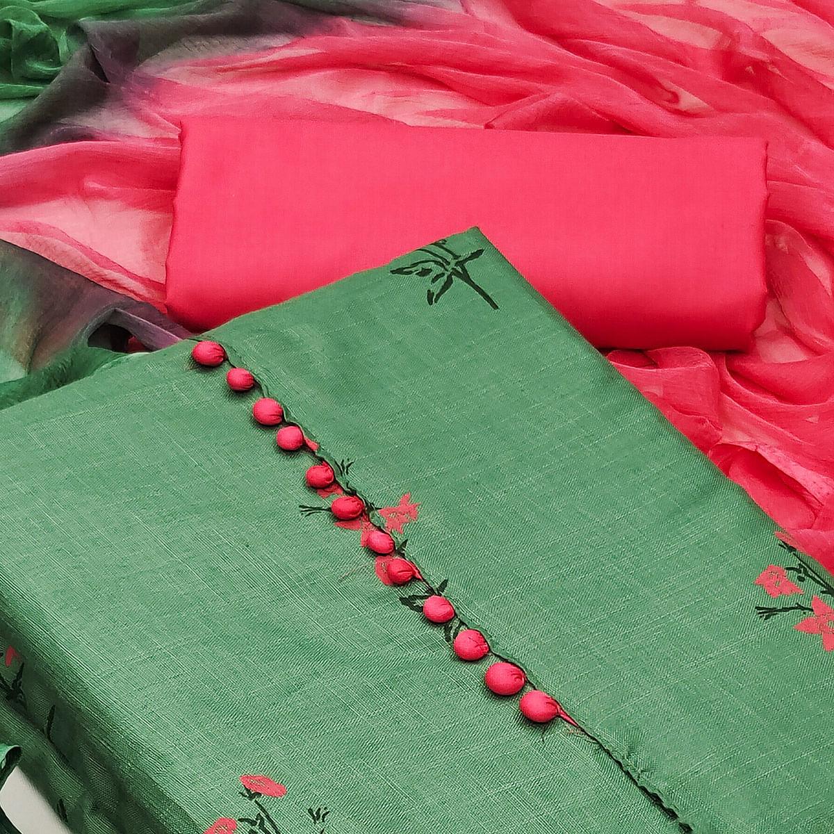 Green Printed Cotton Dress Material - Peachmode