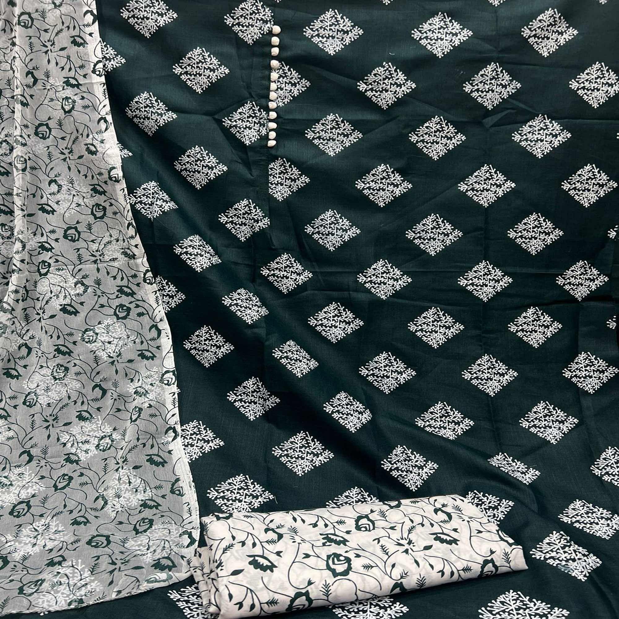 Green Printed Cotton Dress Material - Peachmode