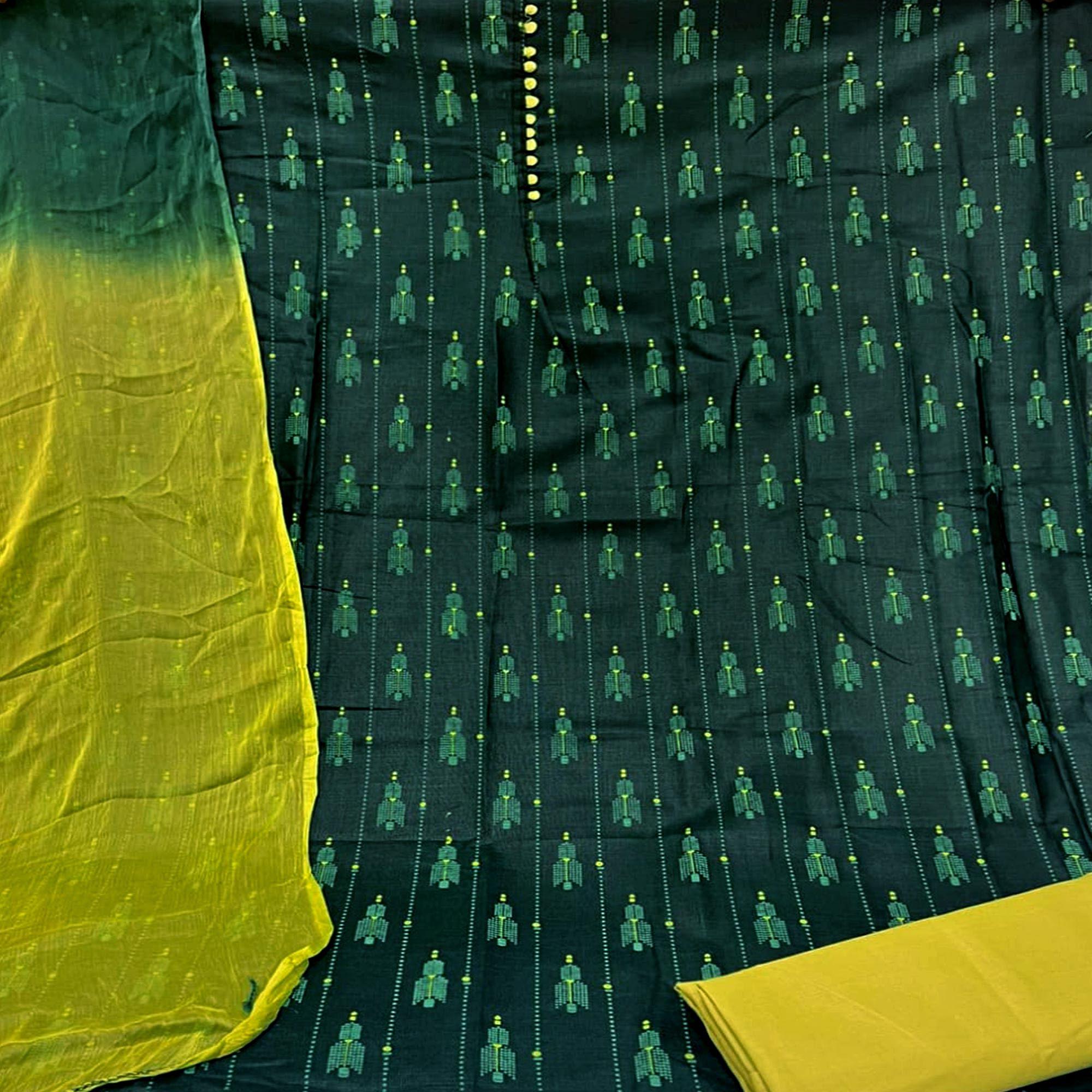 Green Printed Cotton Dress Material - Peachmode