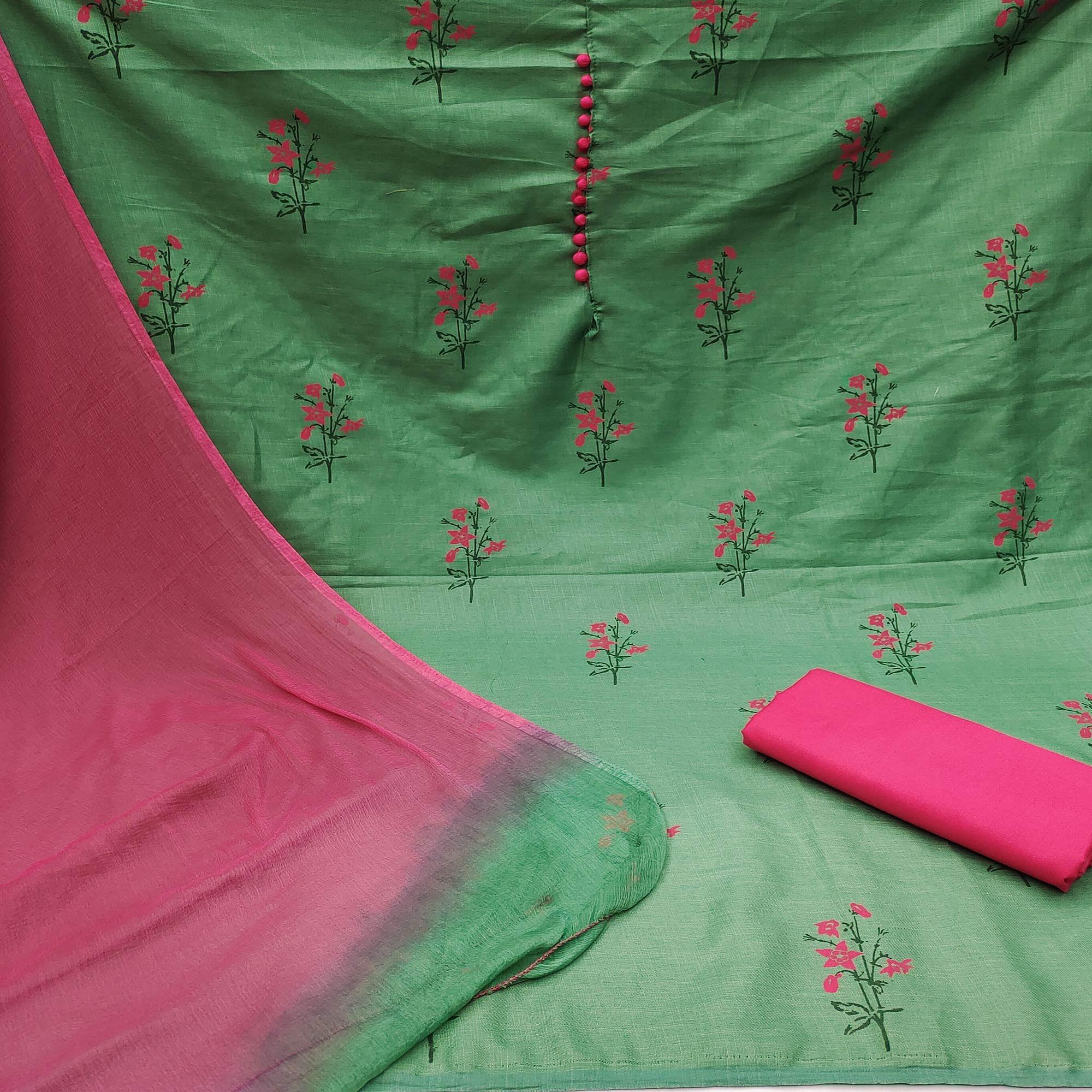 Green Printed Cotton Dress Material - Peachmode