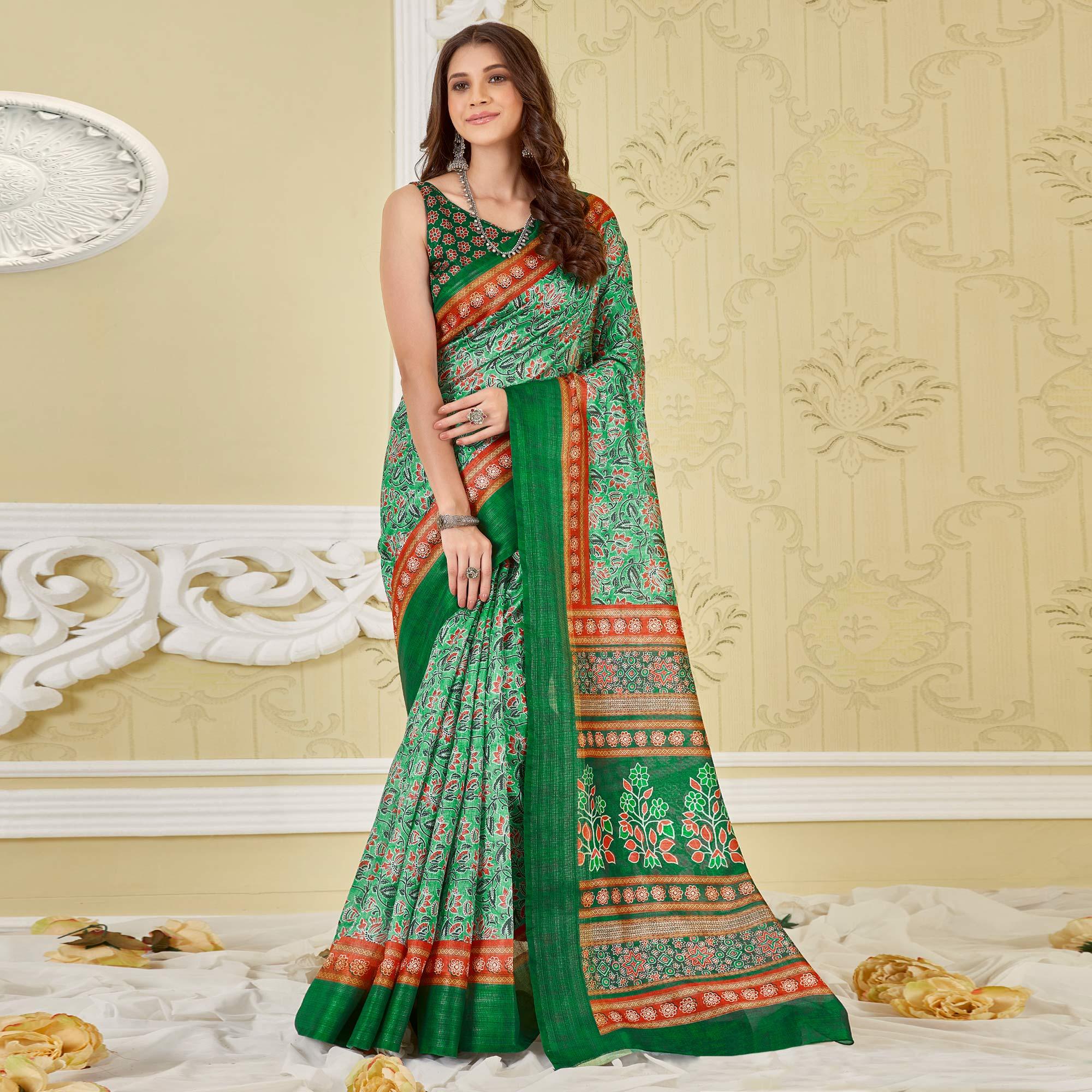 Green Printed Cotton Saree - Peachmode