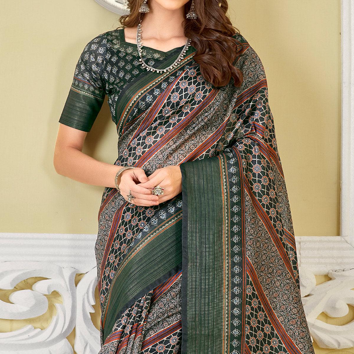 Green Printed Cotton Saree - Peachmode