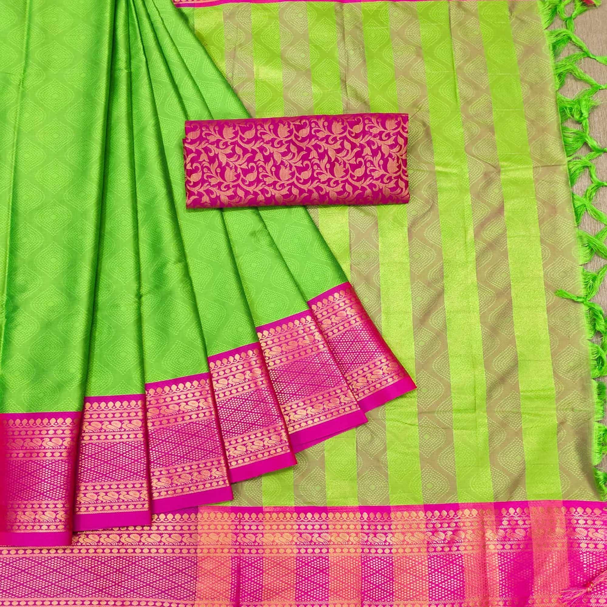 Green Printed Cotton Silk Saree - Peachmode