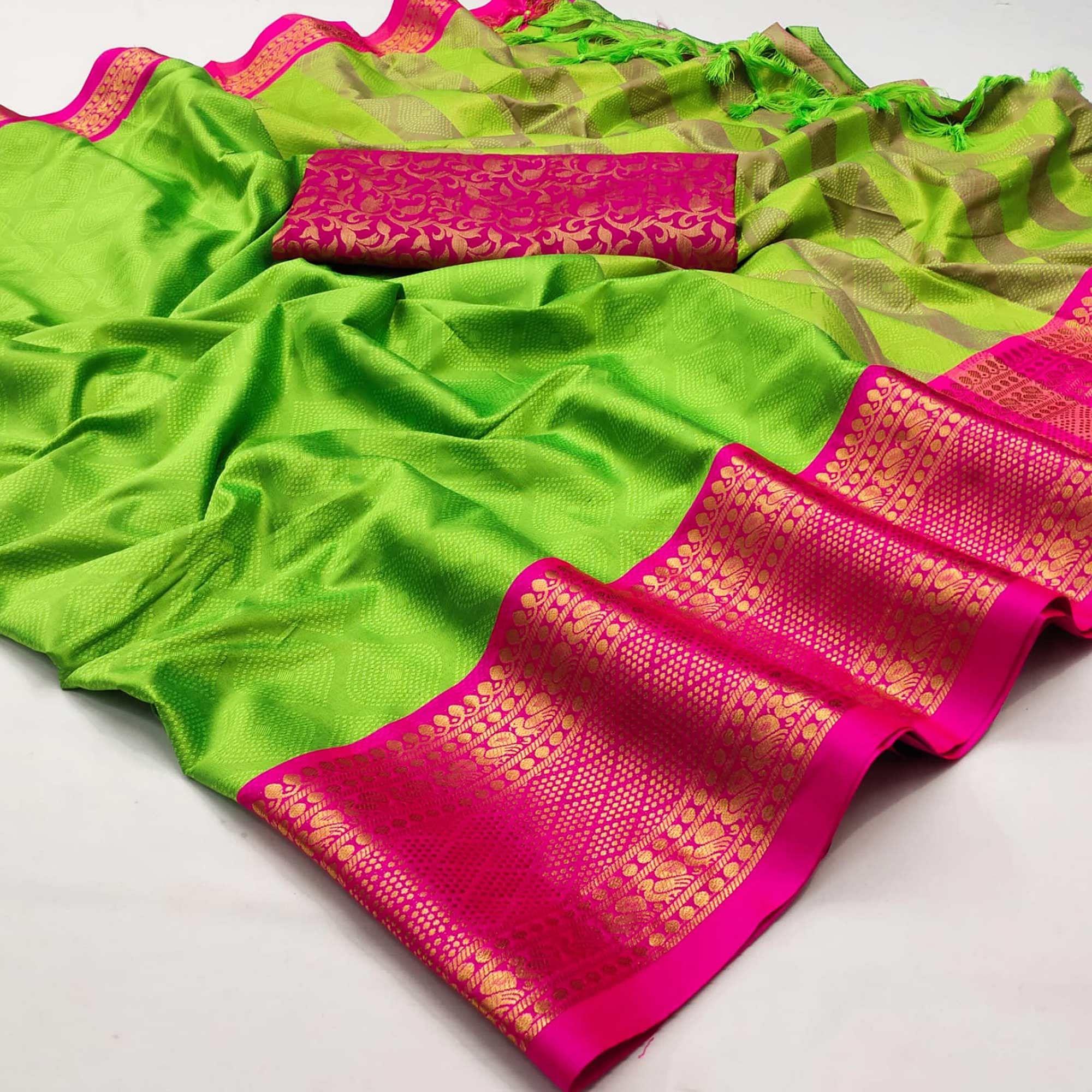 Green Printed Cotton Silk Saree - Peachmode