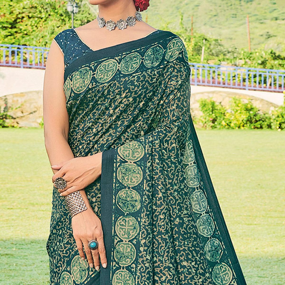 Green Printed Cotton Silk Saree - Peachmode