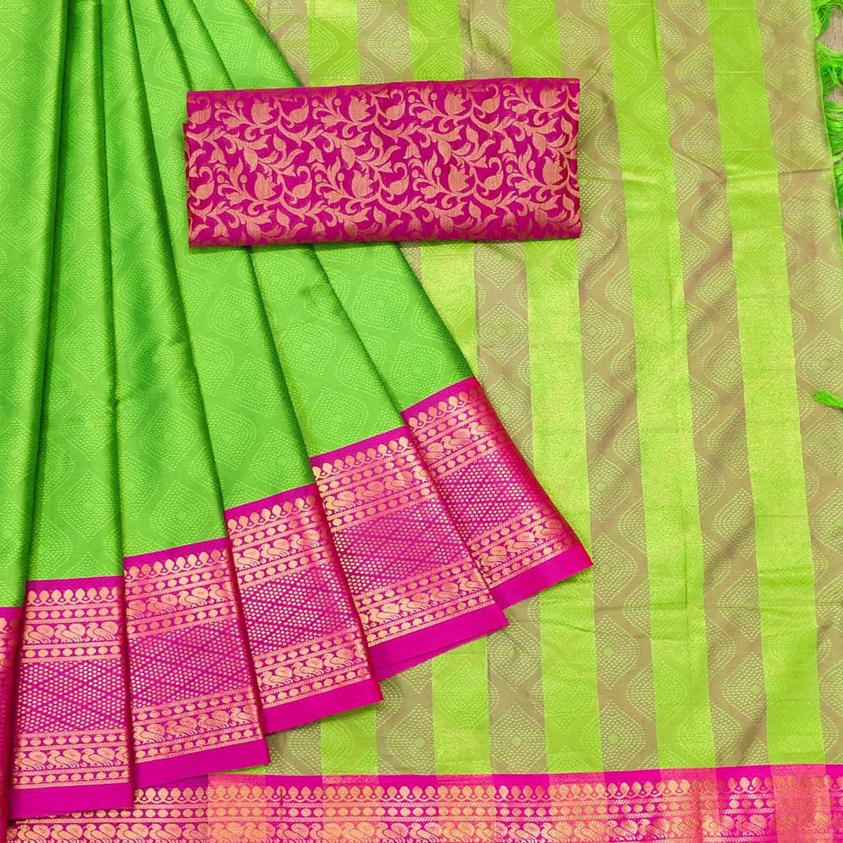 Green Printed Cotton Silk Saree - Peachmode