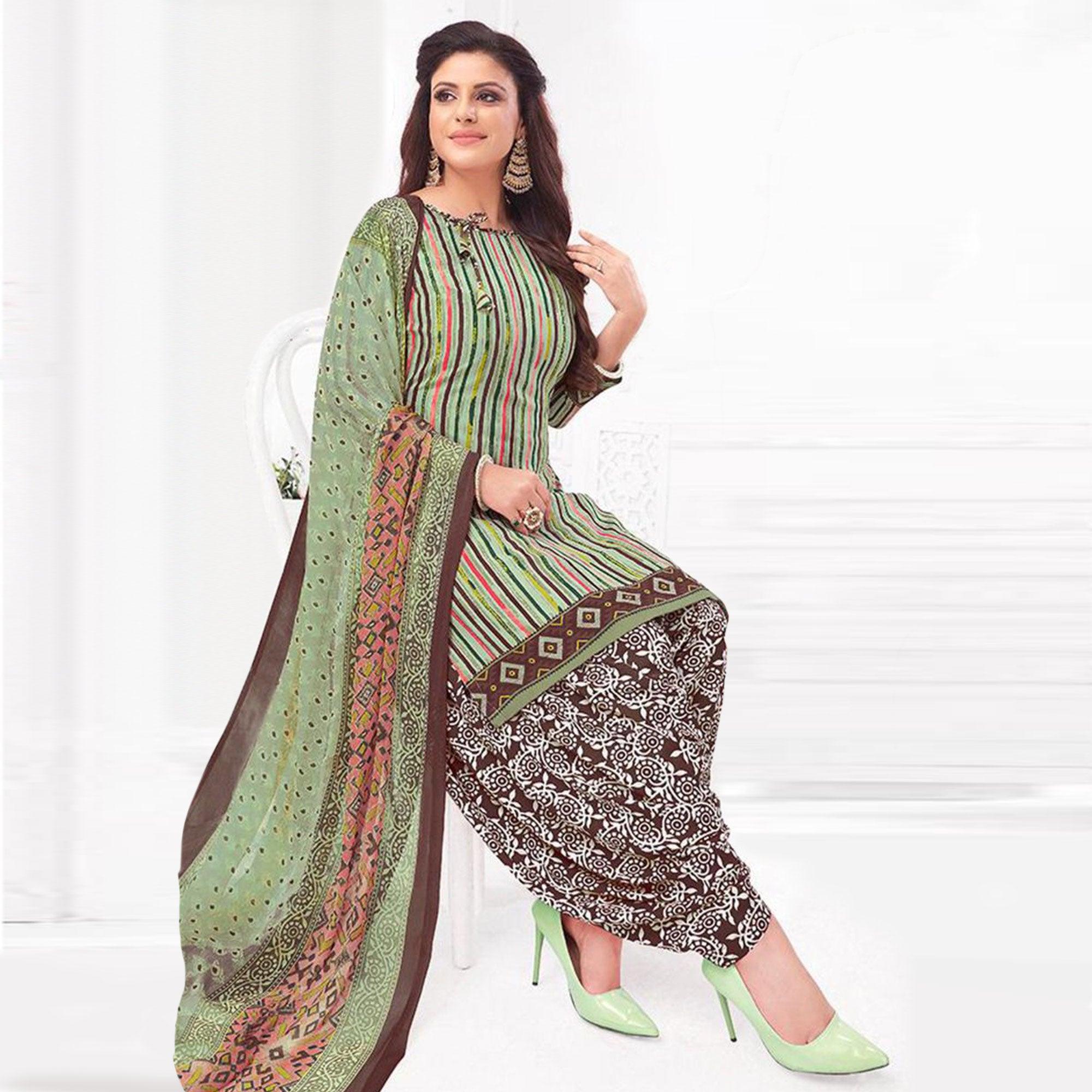 Green Printed Crepe Patiala Dress Material - Peachmode
