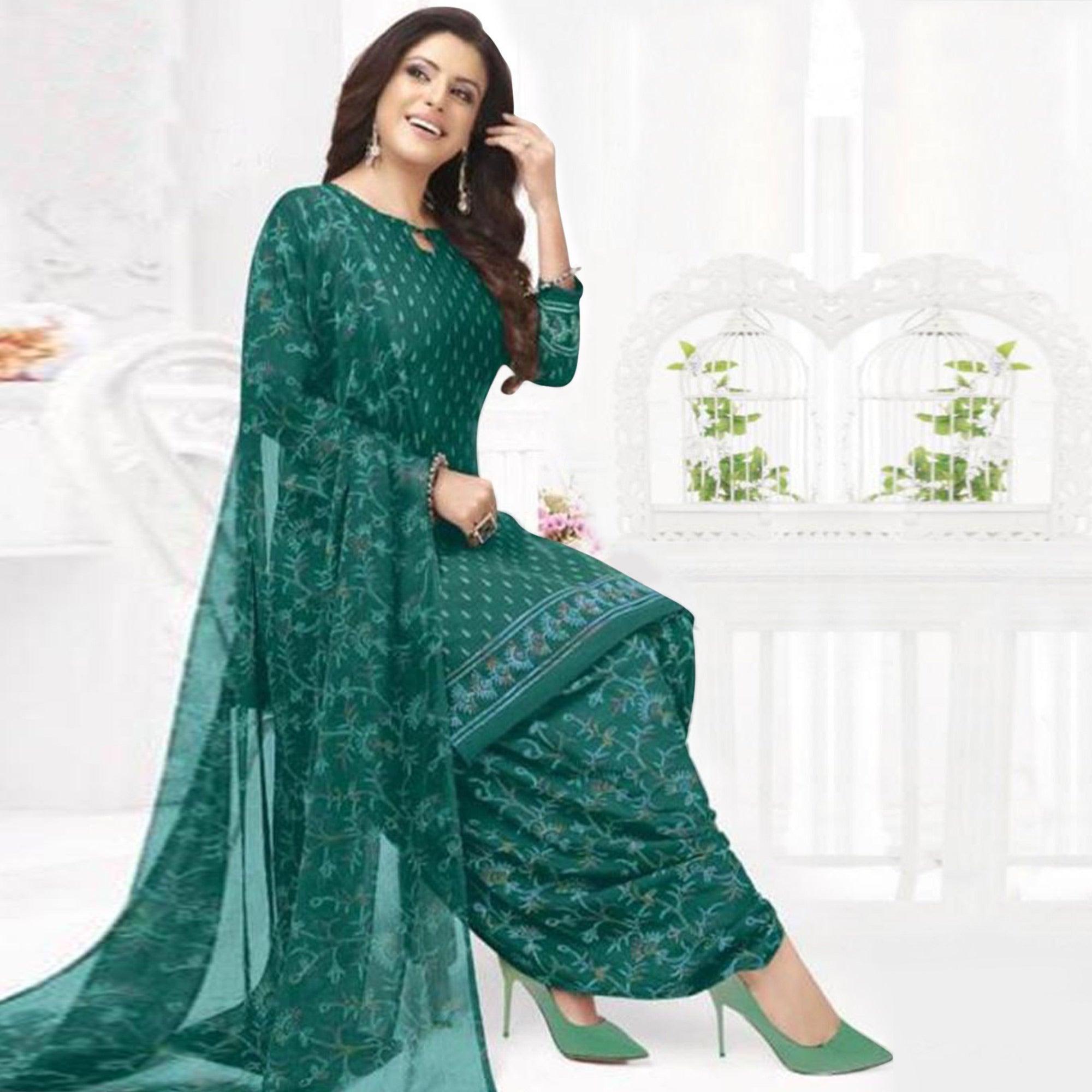 Green Printed Crepe Patiala Dress Material - Peachmode