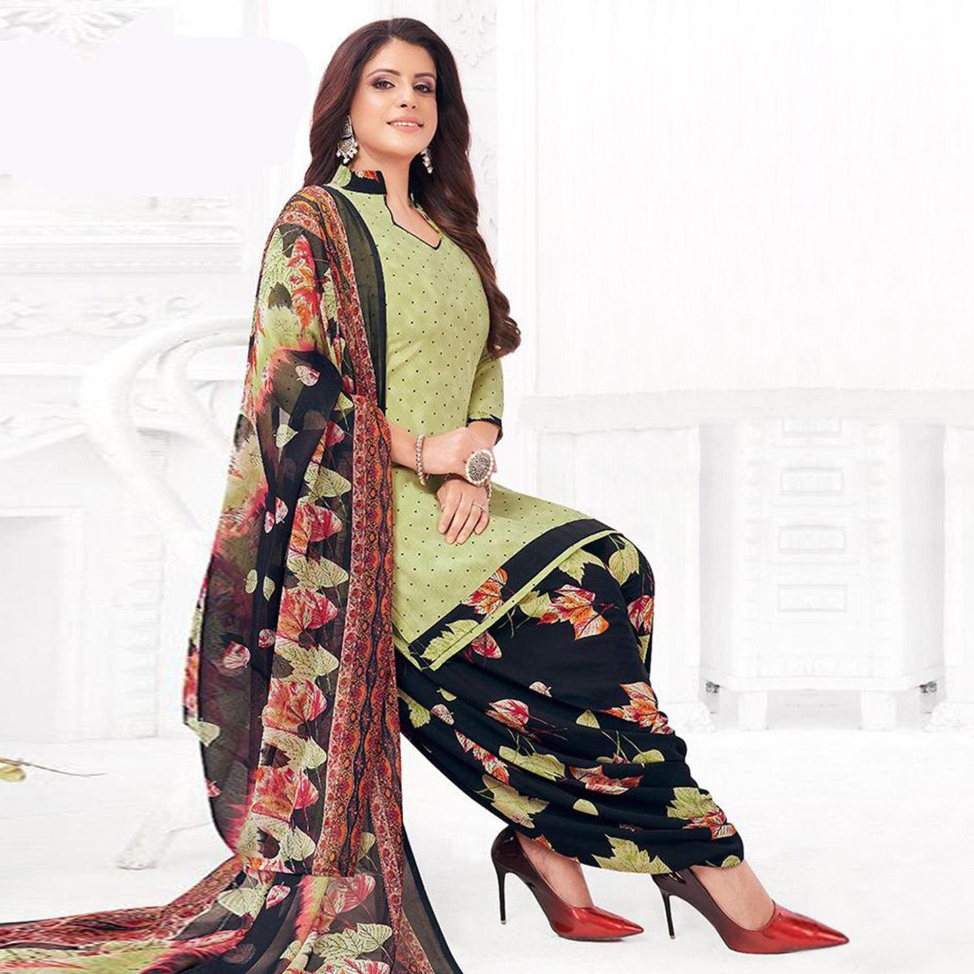 Green Printed Crepe Patiala Dress Material - Peachmode