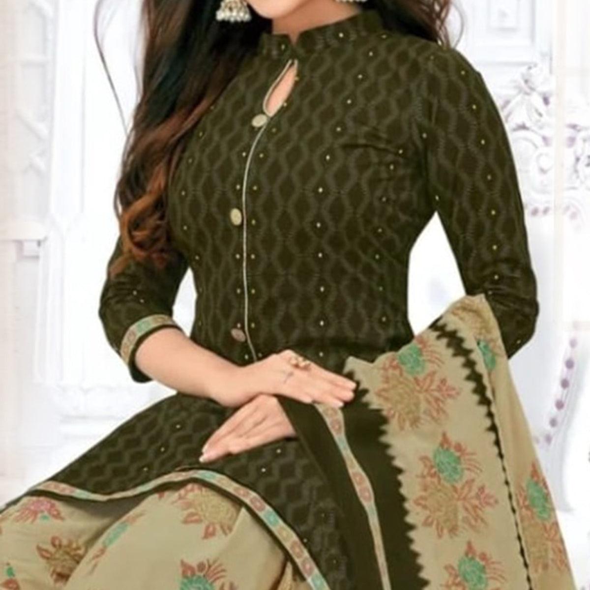 Green Printed Crepe Patiala Dress Material - Peachmode