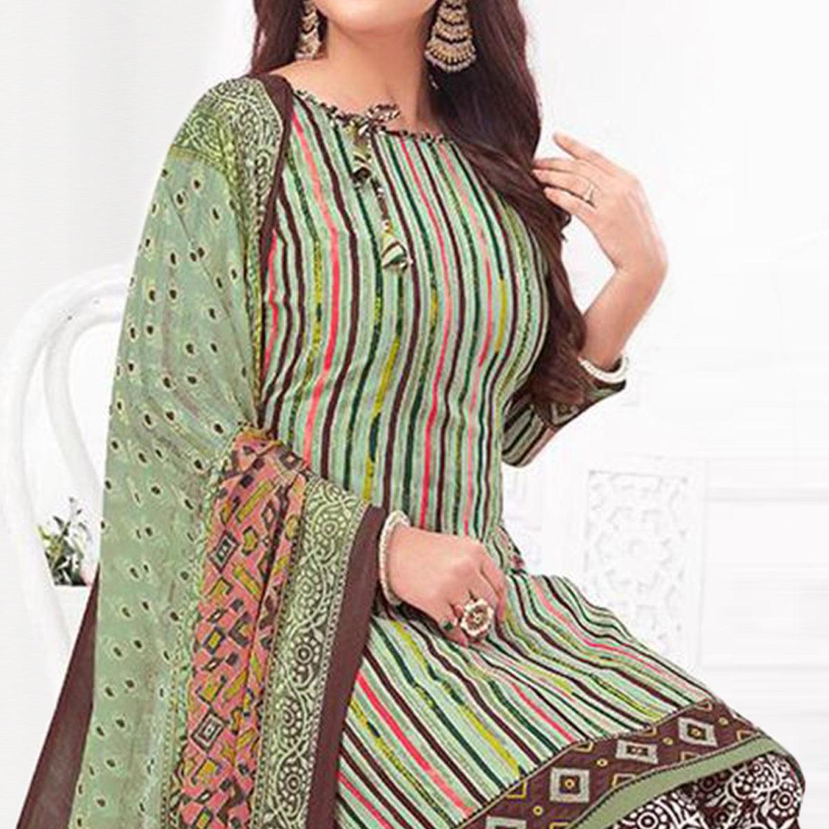 Green Printed Crepe Patiala Dress Material - Peachmode