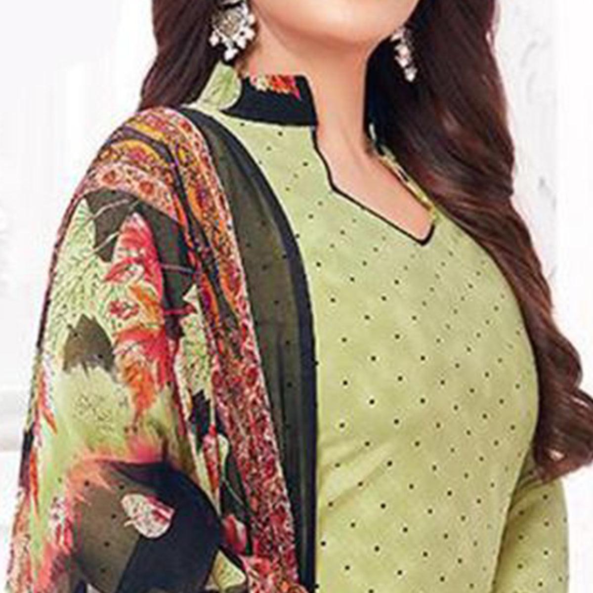 Green Printed Crepe Patiala Dress Material - Peachmode